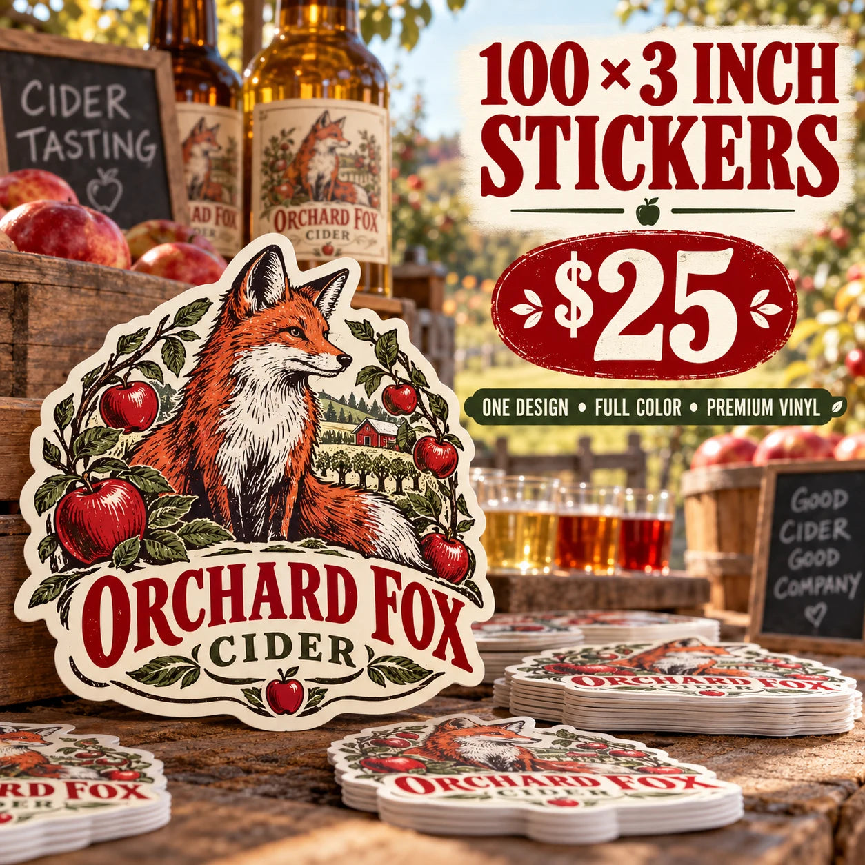 Orchard Fox Cider fictional example: 100 custom 3 inch stickers for $25