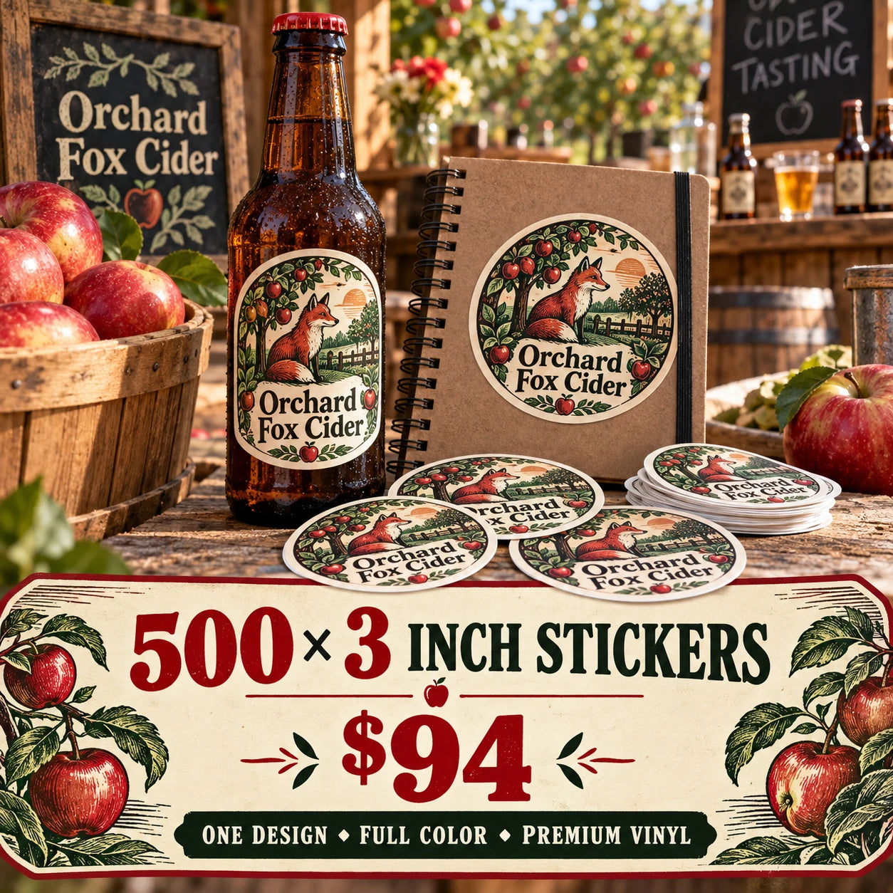 Orchard Fox Cider fictional example: 500 custom 3 inch stickers for $94
