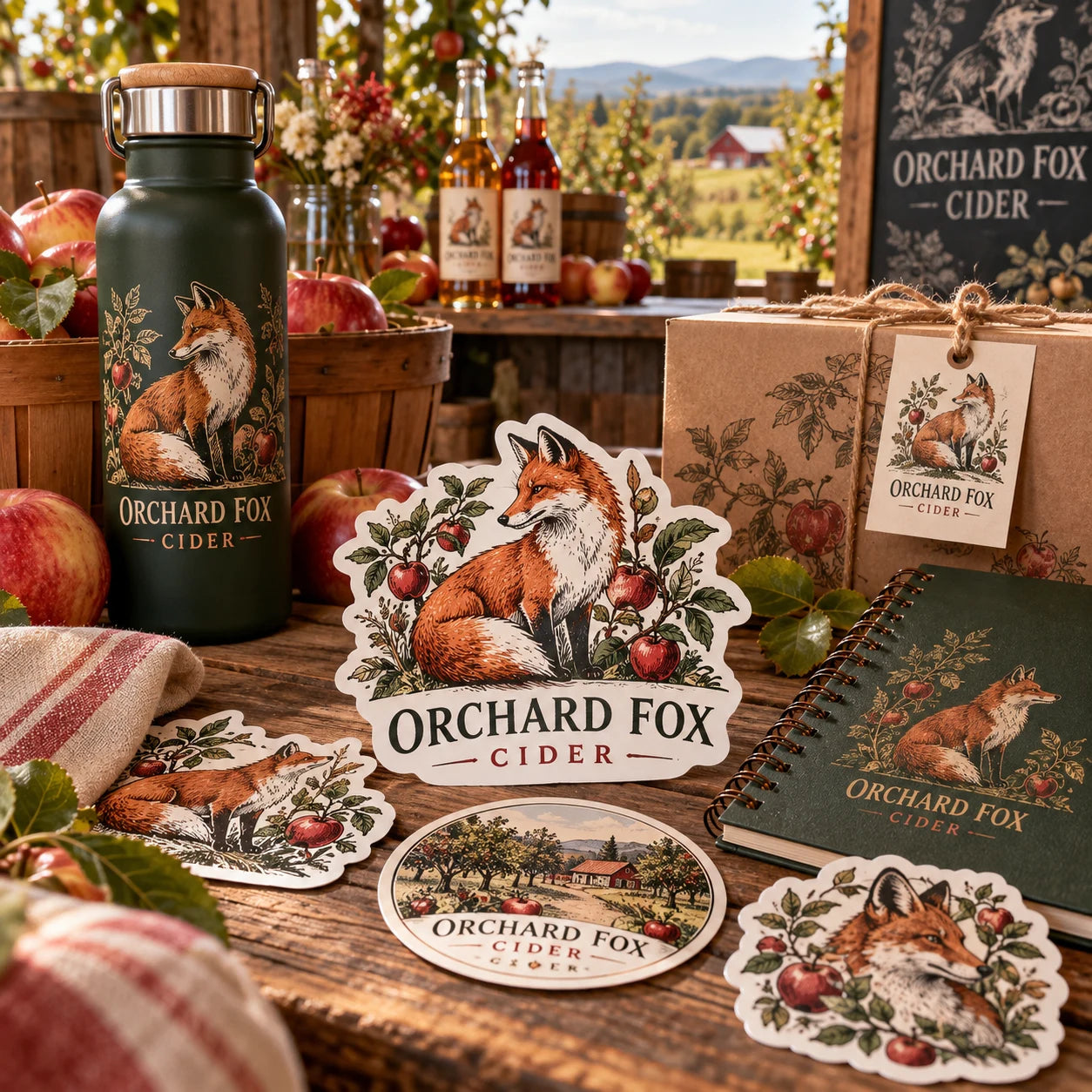Orchard Fox Cider fictional example storefront with custom lettering and stickers