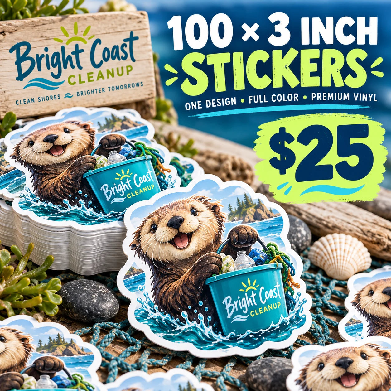 Bright Coast Cleanup fictional example: 100 custom 3 inch stickers for $25