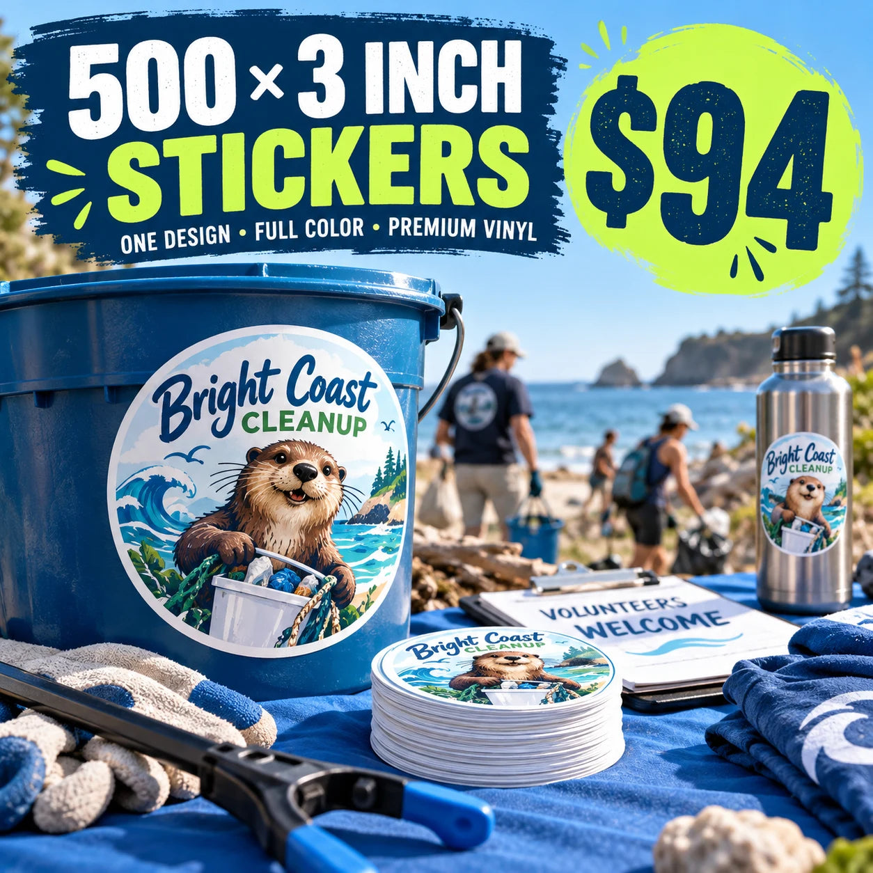 Bright Coast Cleanup fictional example: 500 custom 3 inch stickers for $94