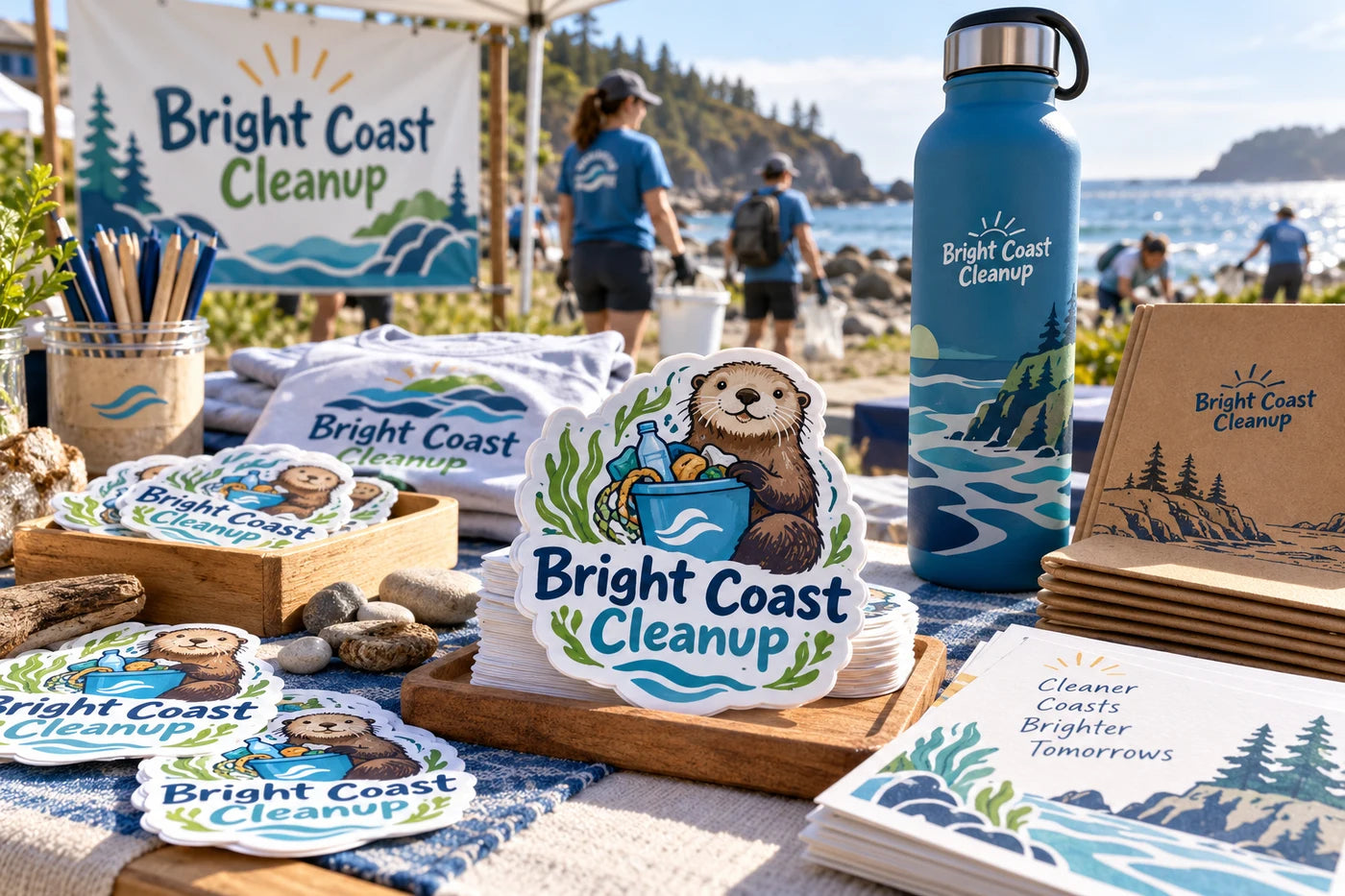 Bright Coast Cleanup fictional example storefront with custom lettering and stickers