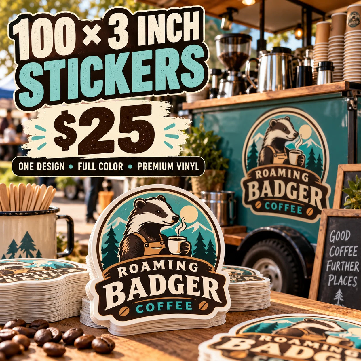 Roaming Badger Coffee fictional example: 100 custom 3 inch stickers for $25