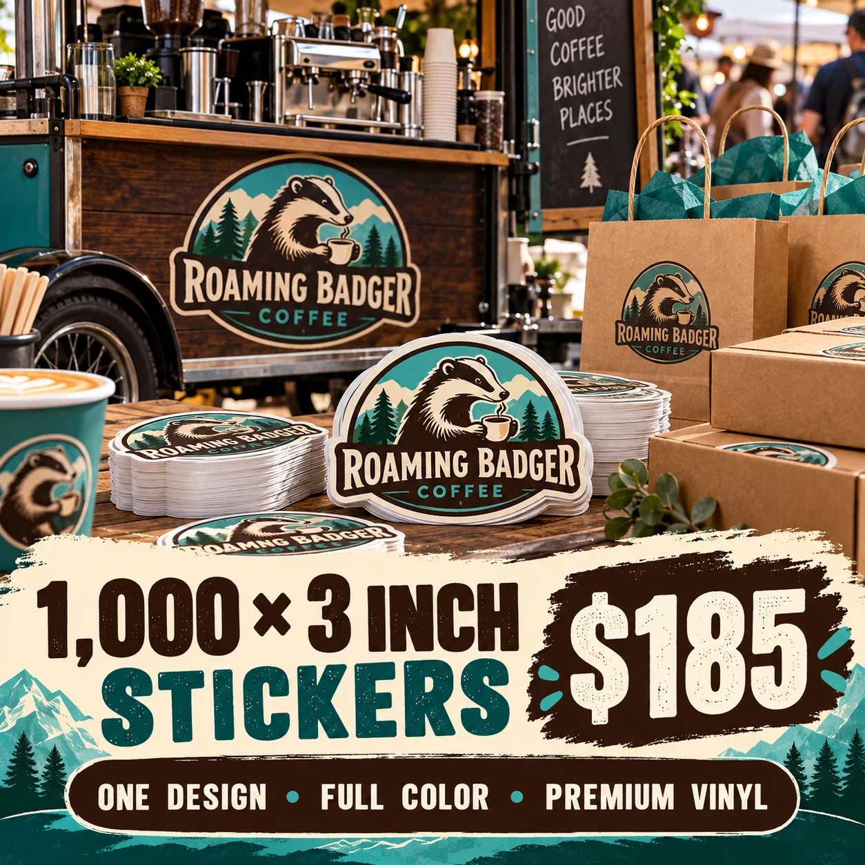 Roaming Badger Coffee fictional packaging and sticker ideas