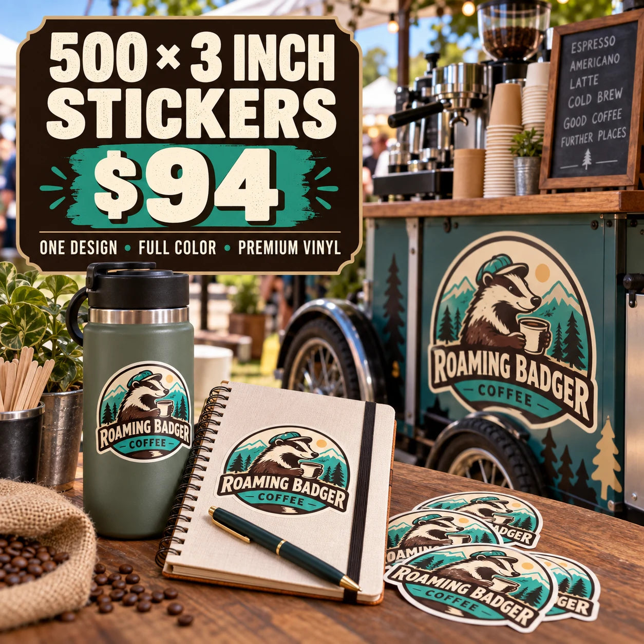 Roaming Badger Coffee fictional example: 500 custom 3 inch stickers for $94