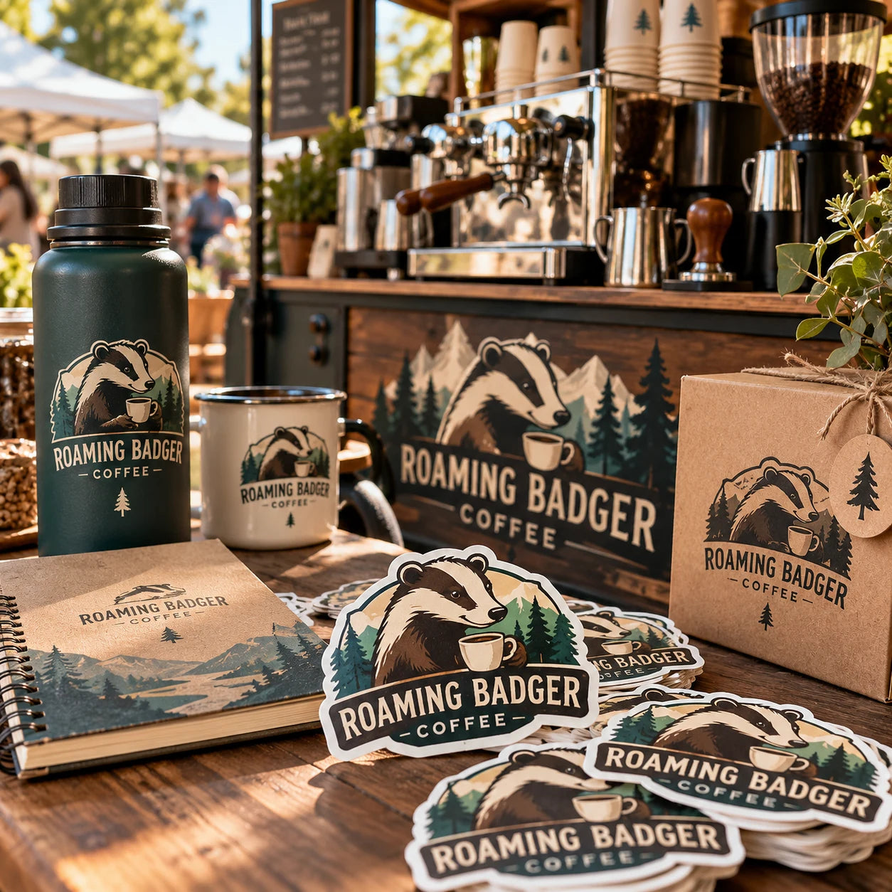 Roaming Badger Coffee fictional example storefront with custom lettering and stickers