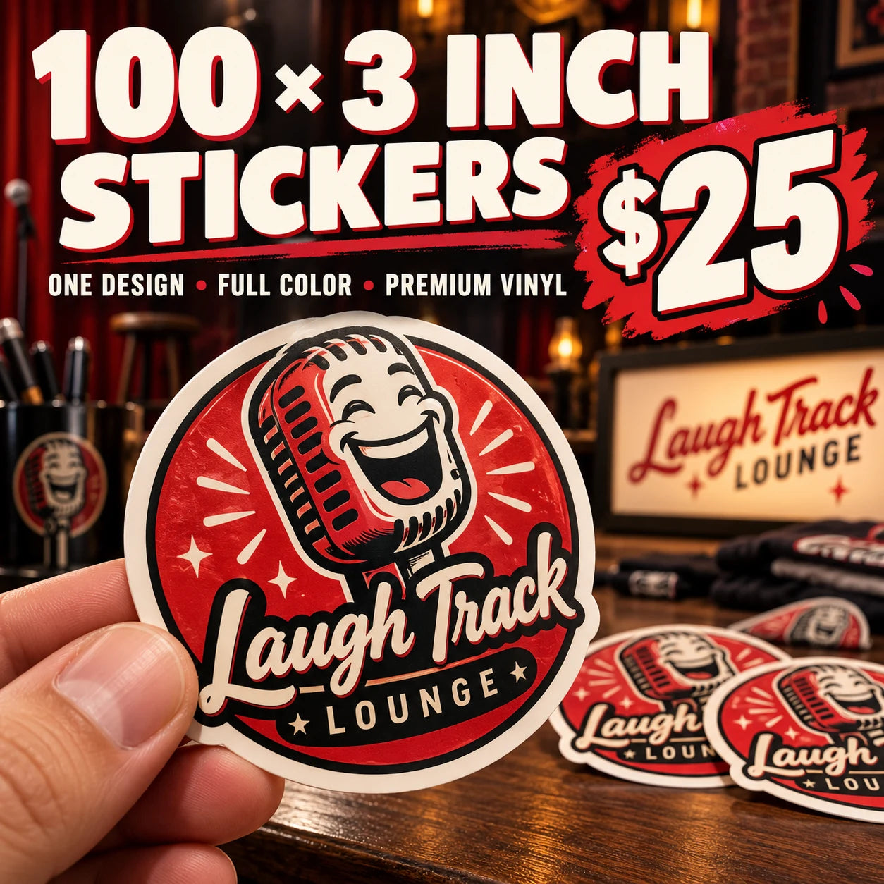 Laugh Track Lounge fictional example: 100 custom 3 inch stickers for $25