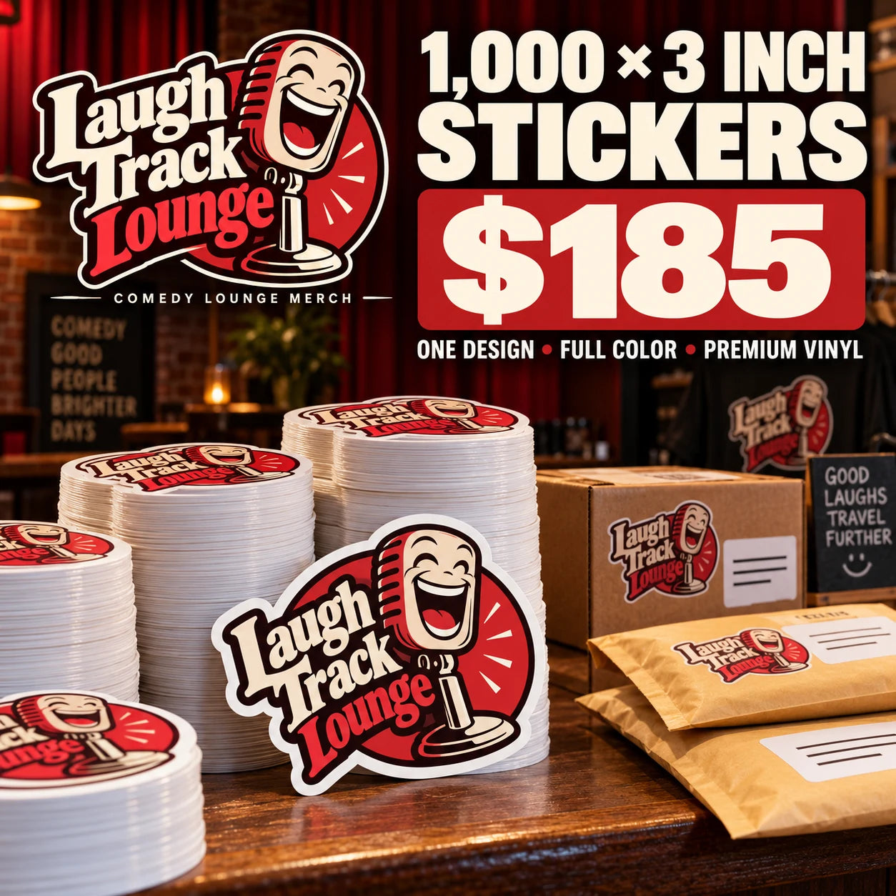 Laugh Track Lounge fictional packaging and sticker ideas