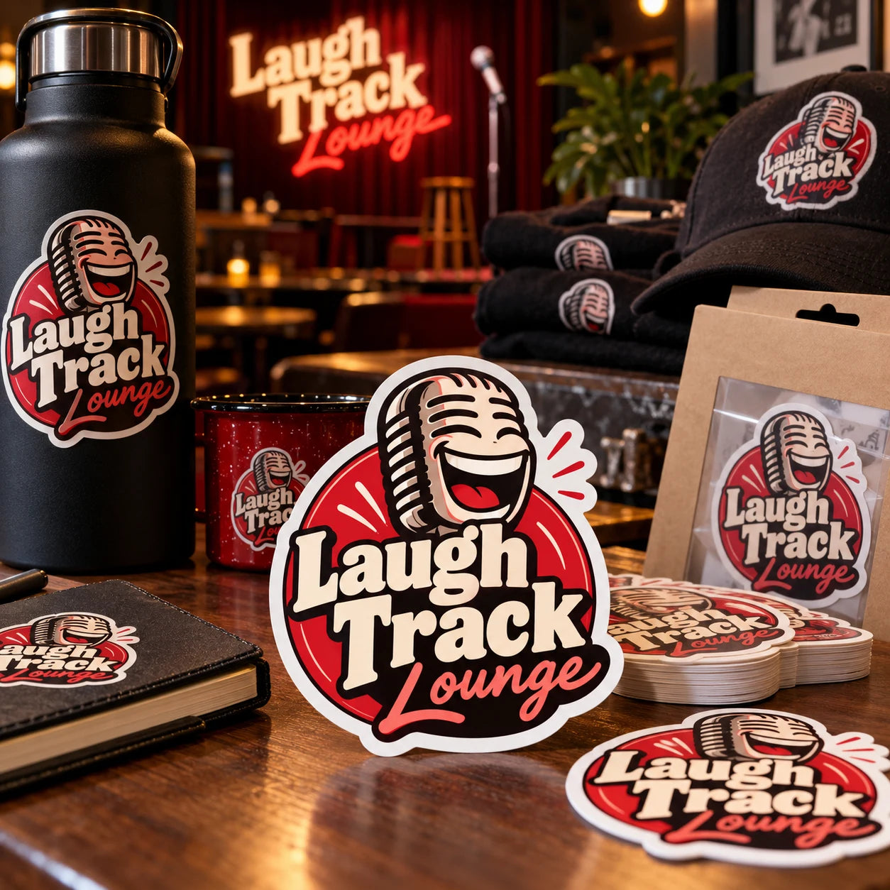 Laugh Track Lounge fictional example storefront with custom lettering and stickers