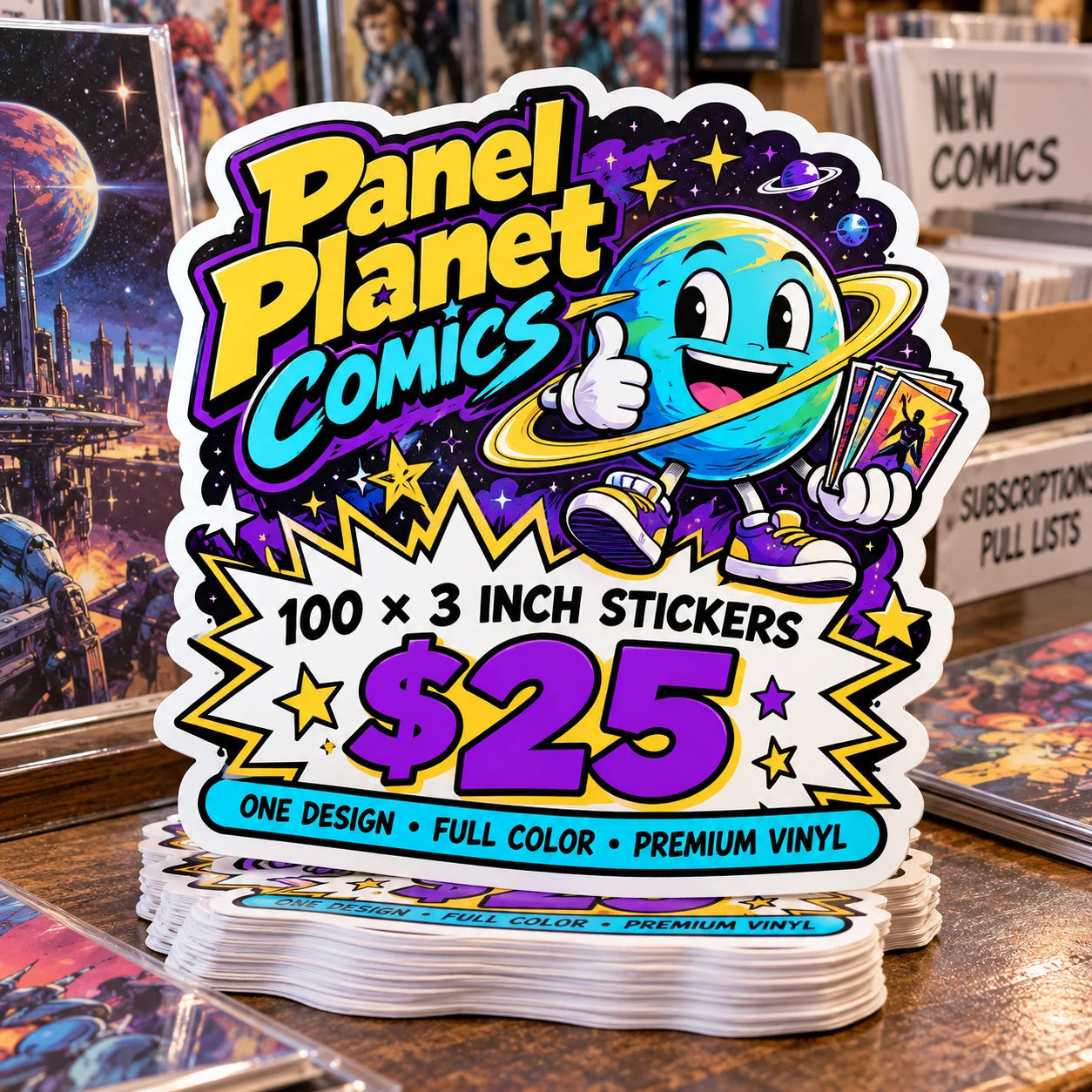 Panel Planet Comics fictional example: 100 custom 3 inch stickers for $25