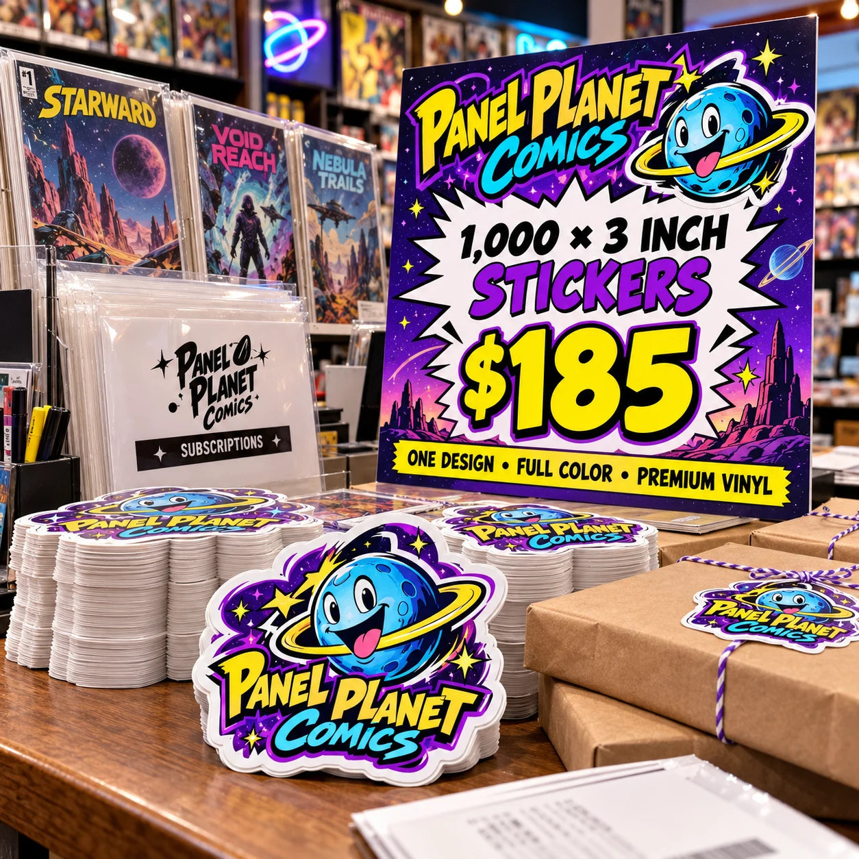 Panel Planet Comics fictional example: 1000 custom 3 inch stickers for $185