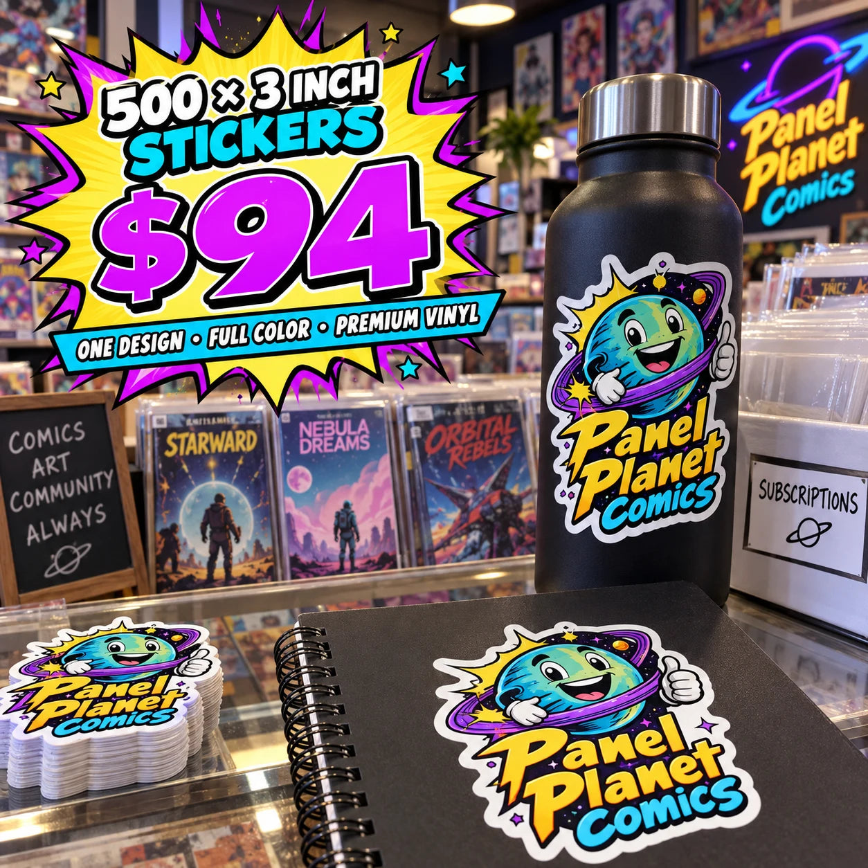 Panel Planet Comics fictional example: 500 custom 3 inch stickers for $94