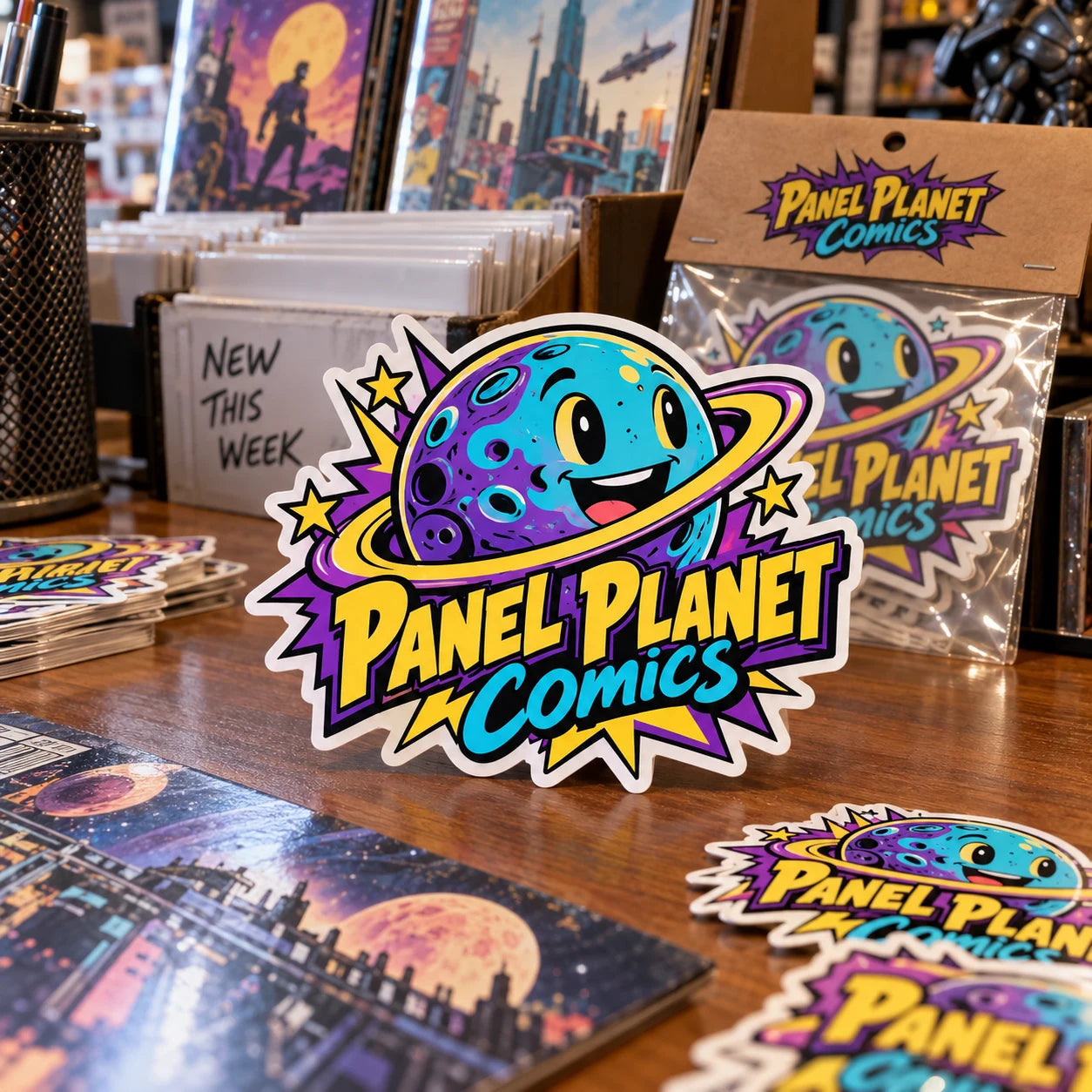 Panel Planet Comics fictional example storefront with custom lettering and stickers