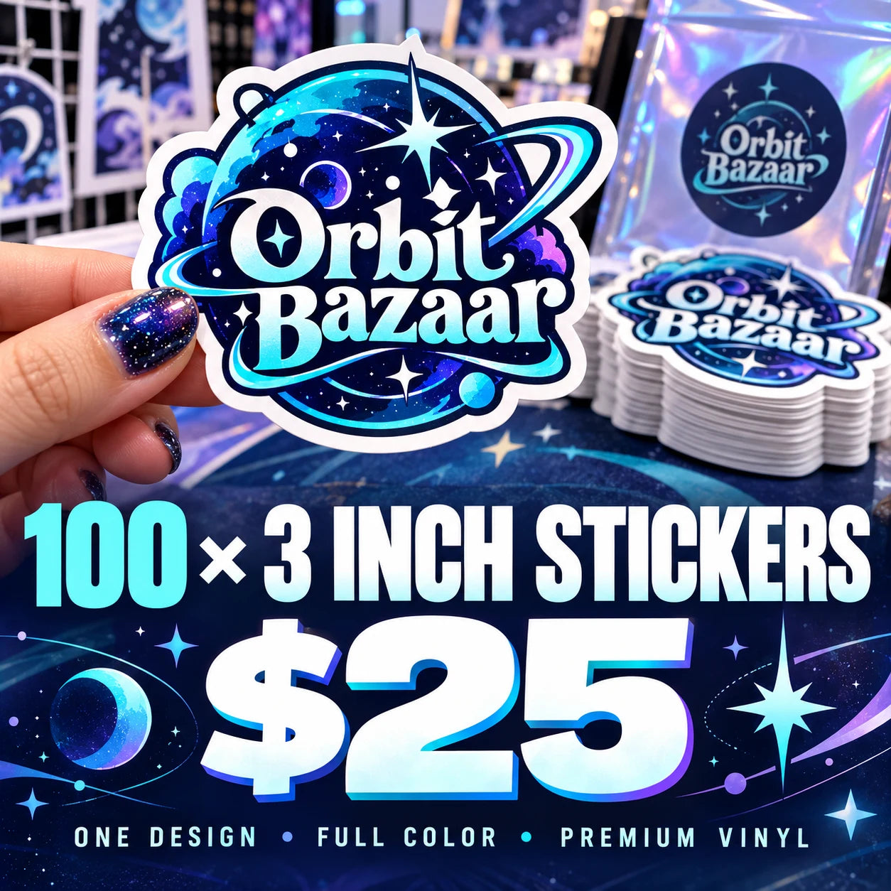 Orbit Bazaar fictional example: 100 custom 3 inch stickers for $25