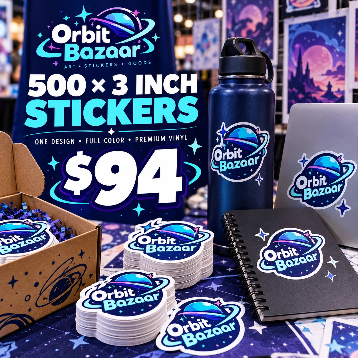 Orbit Bazaar fictional example: 500 custom 3 inch stickers for $94