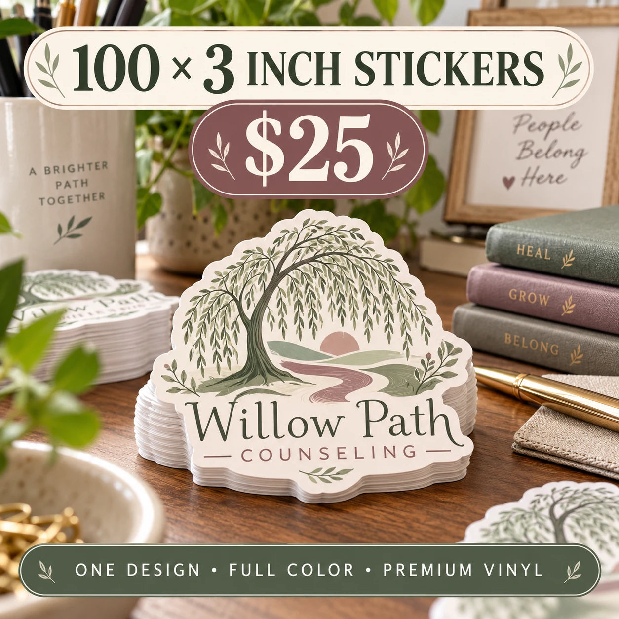 Willow Path Counseling fictional example: 100 custom 3 inch stickers for $25
