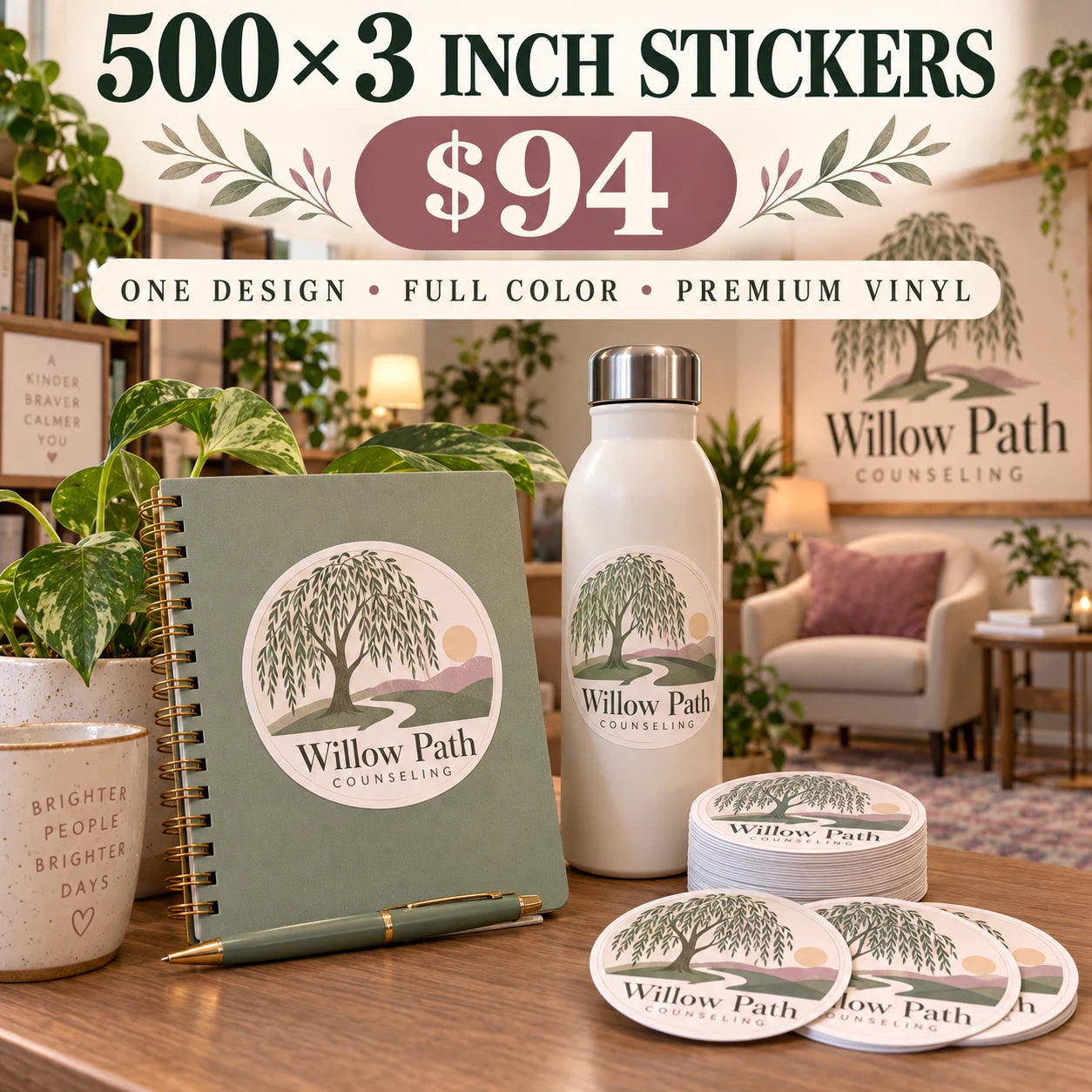Willow Path Counseling fictional example: 500 custom 3 inch stickers for $94