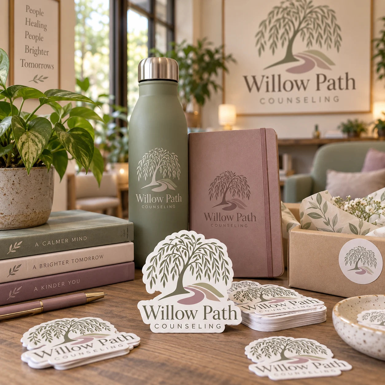Willow Path Counseling fictional example storefront with custom lettering and stickers
