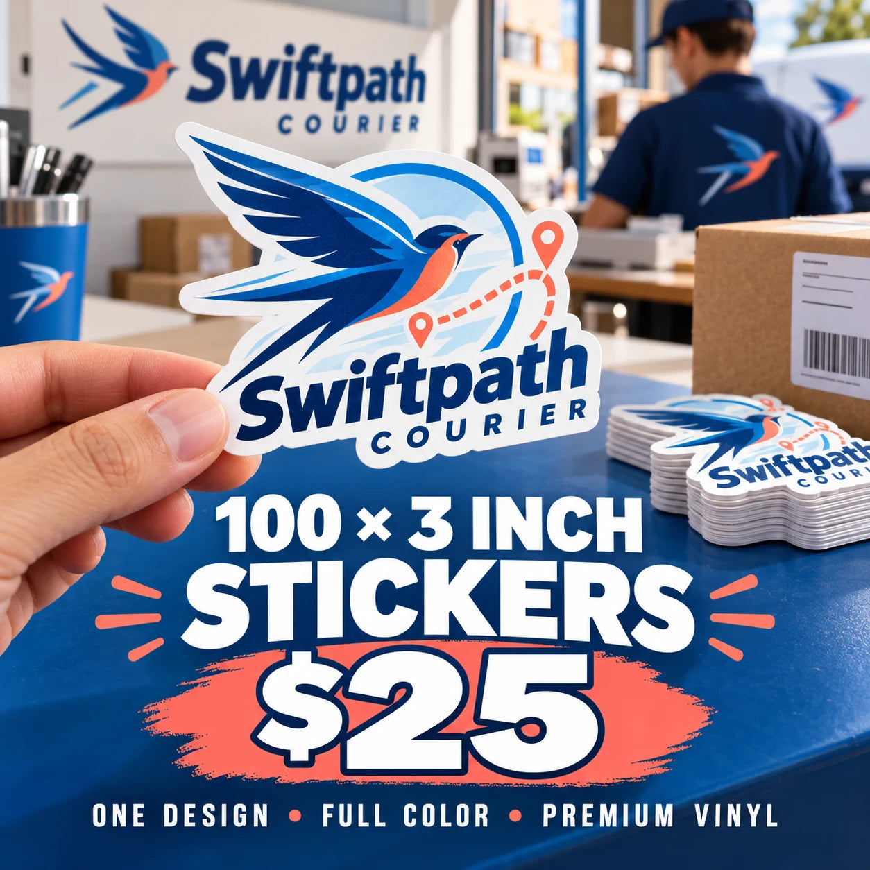 Swiftpath Courier fictional example: 100 custom 3 inch stickers for $25