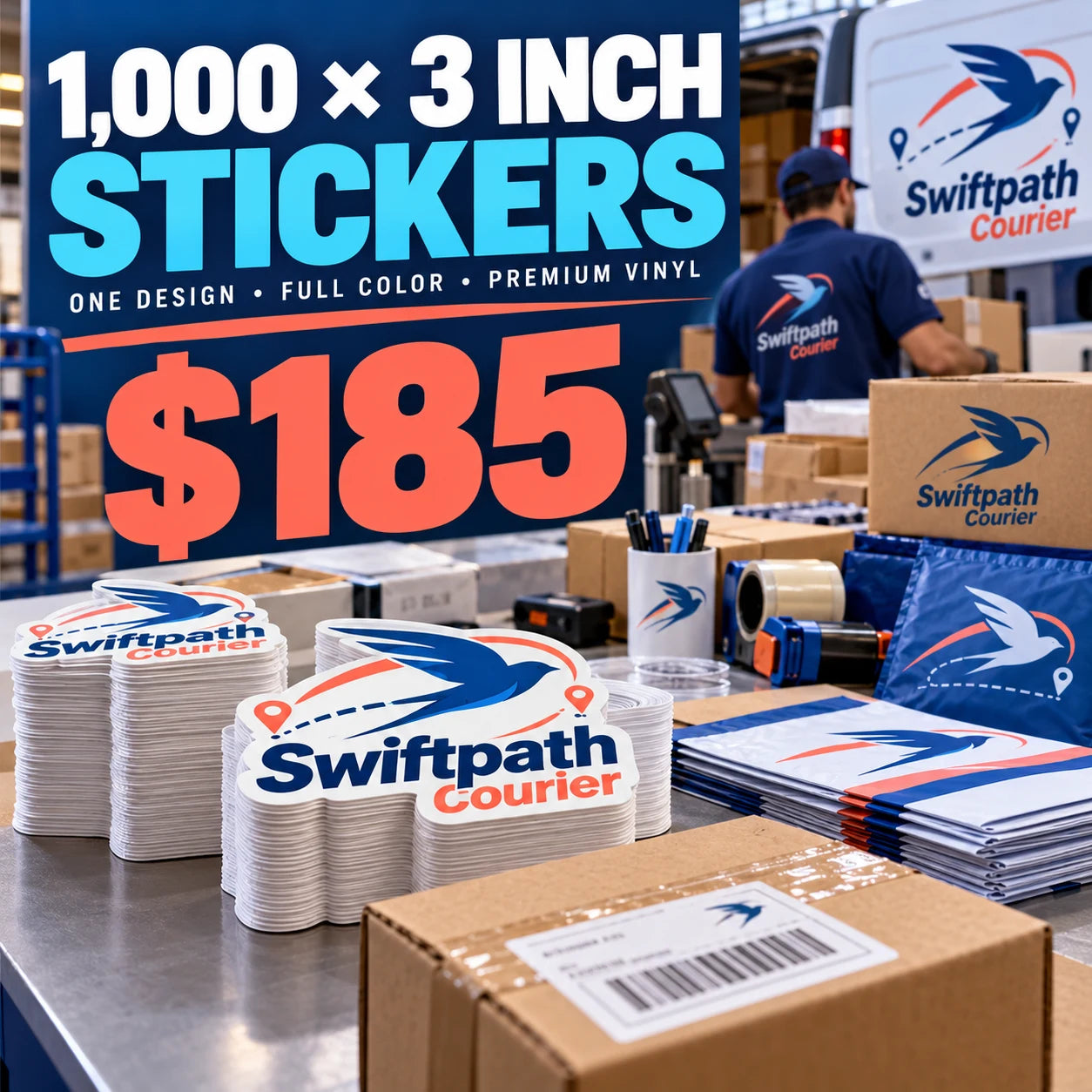 Swiftpath Courier fictional packaging and sticker ideas