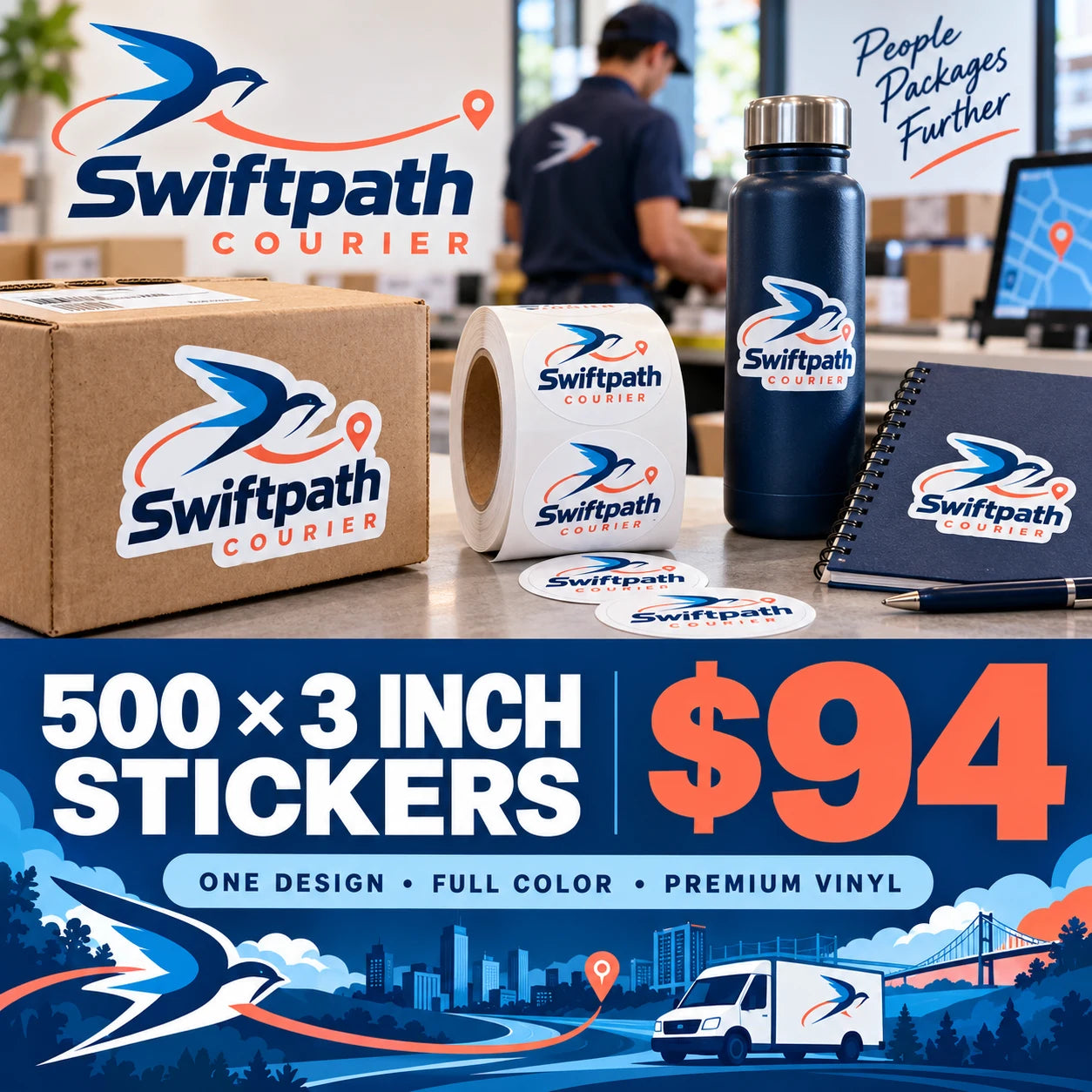 Swiftpath Courier fictional example: 500 custom 3 inch stickers for $94