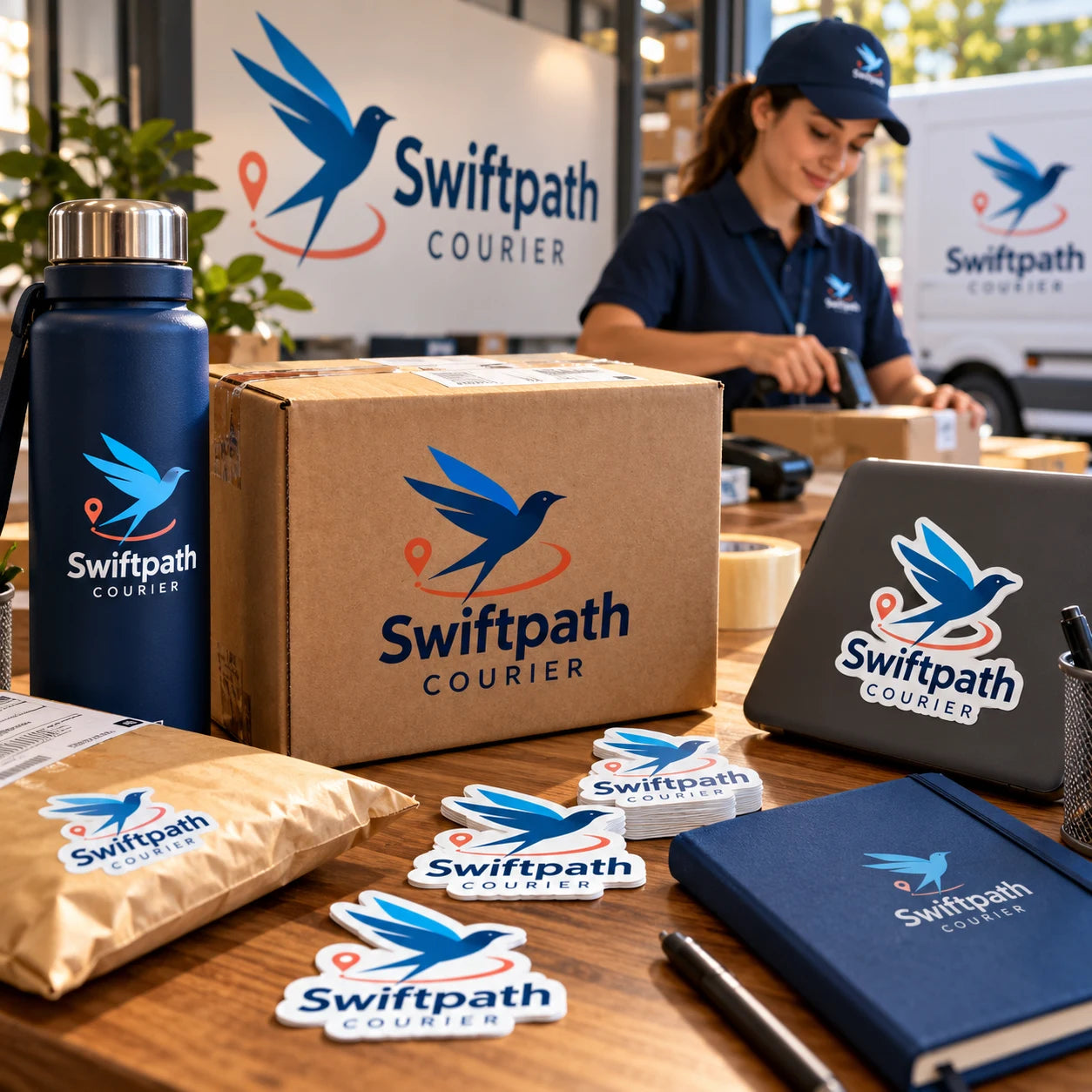 Swiftpath Courier fictional example storefront with custom lettering and stickers