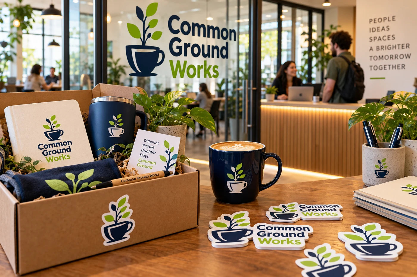 Common Ground Works fictional example storefront with custom lettering and stickers