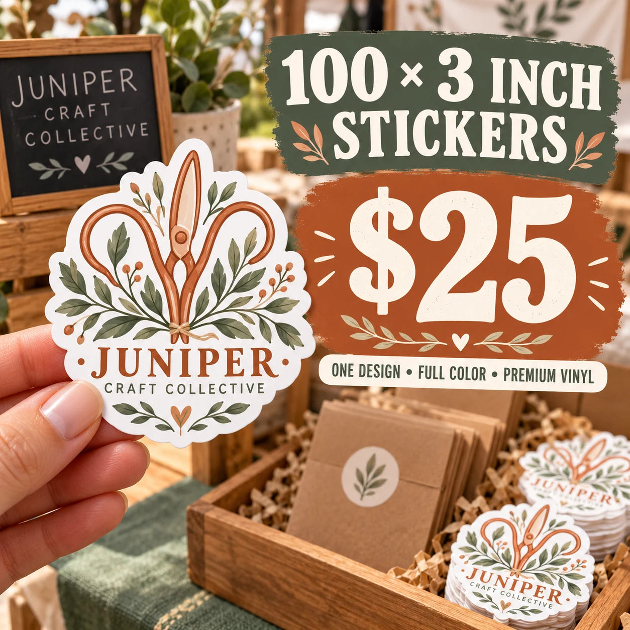 Juniper Craft Collective fictional example: 100 custom 3 inch stickers for $25