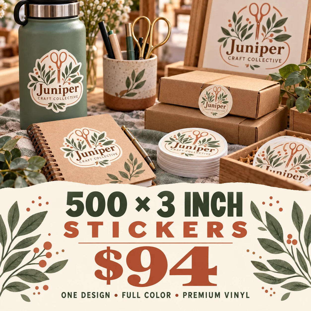 Juniper Craft Collective fictional example: 500 custom 3 inch stickers for $94