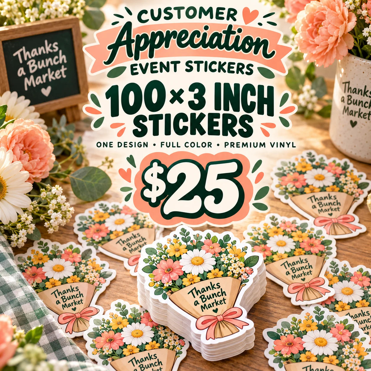 Thanks a Bunch Market fictional example: 100 custom 3 inch stickers for $25