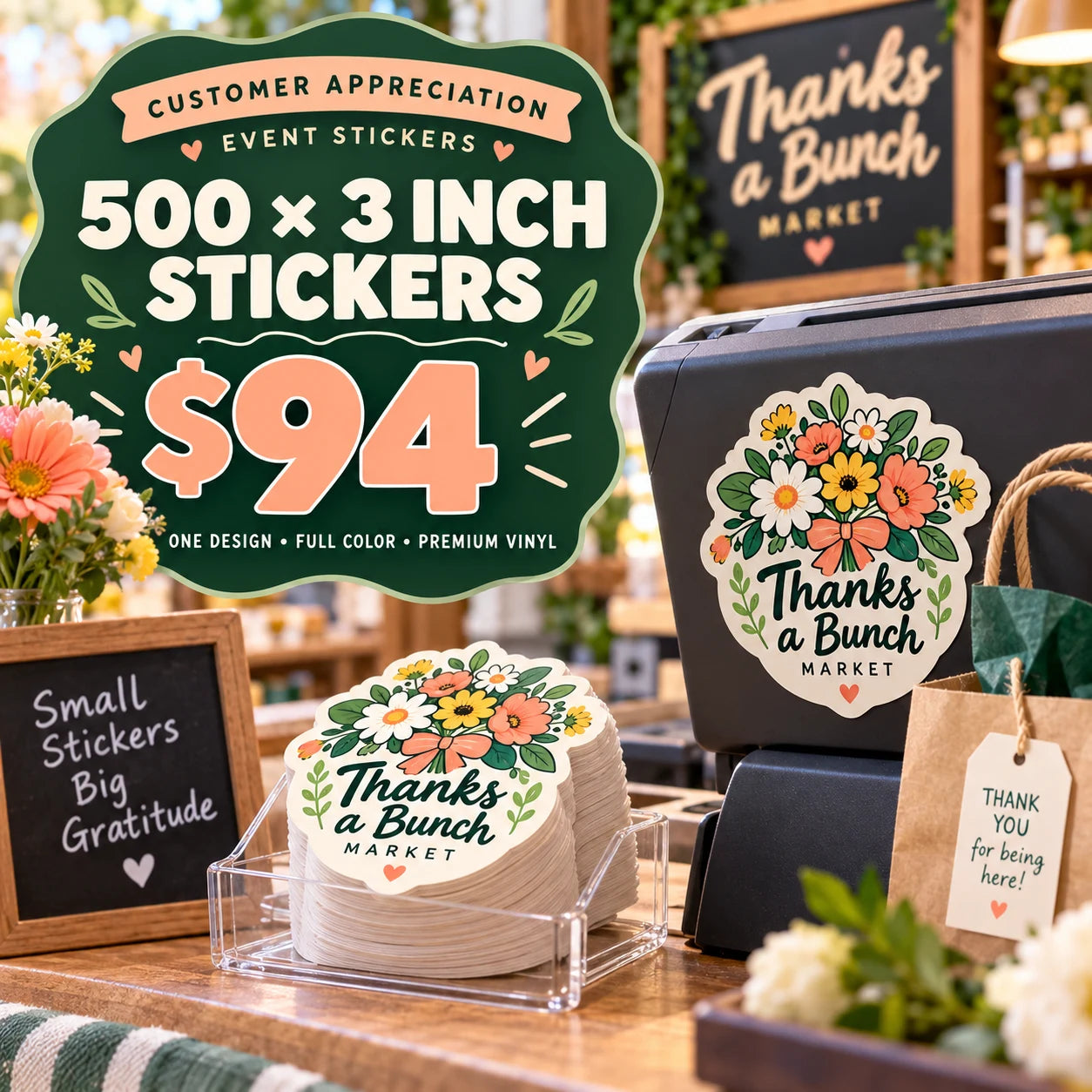 Thanks a Bunch Market fictional example: 500 custom 3 inch stickers for $94