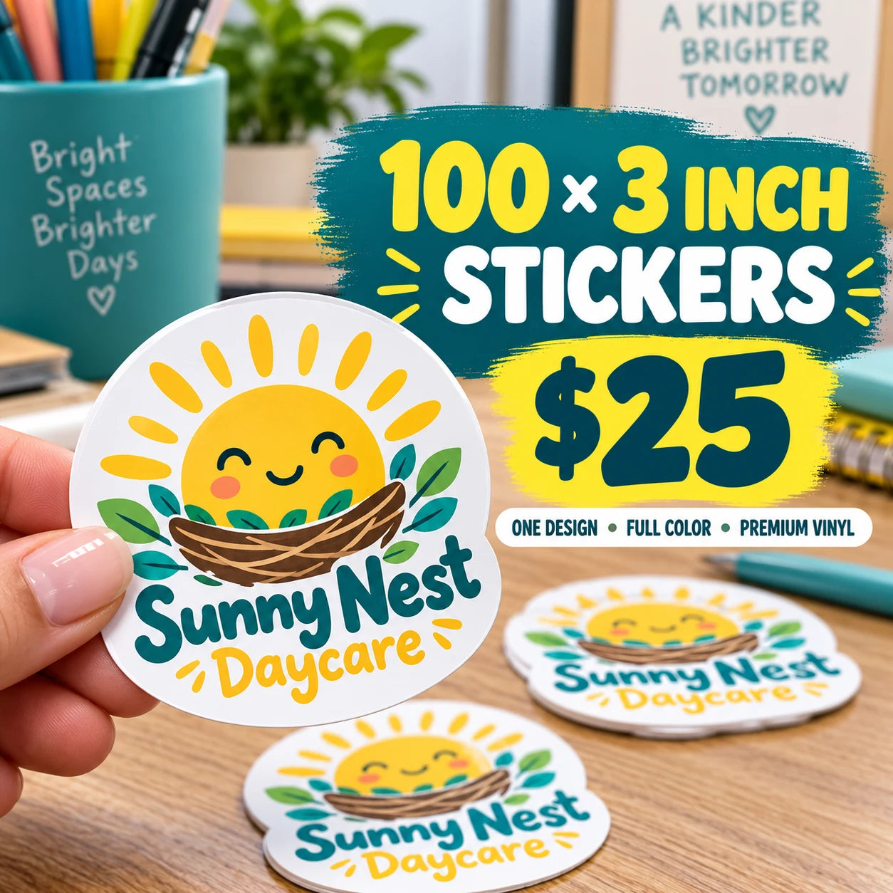 Sunny Nest Daycare fictional example: 100 custom 3 inch stickers for $25