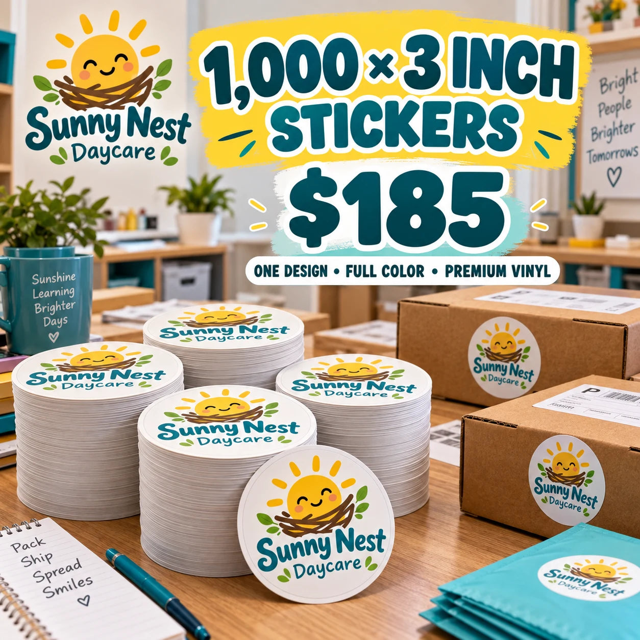Sunny Nest Daycare fictional packaging and sticker ideas