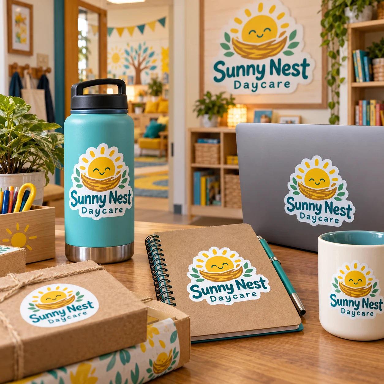 Sunny Nest Daycare fictional example storefront with custom lettering and stickers