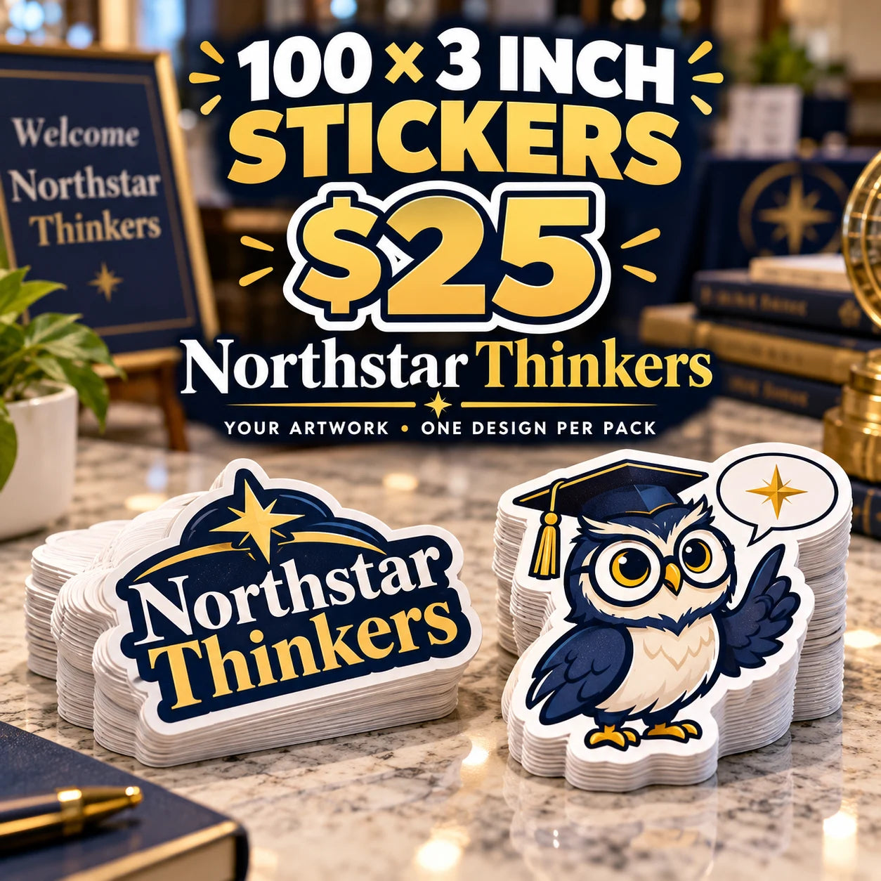 Northstar Thinkers fictional example: 100 custom 3 inch stickers for $25