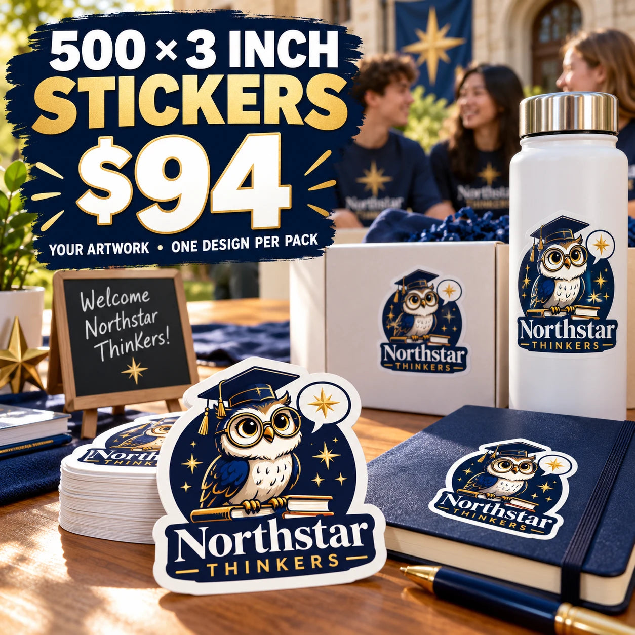 Northstar Thinkers fictional example: 500 custom 3 inch stickers for $94