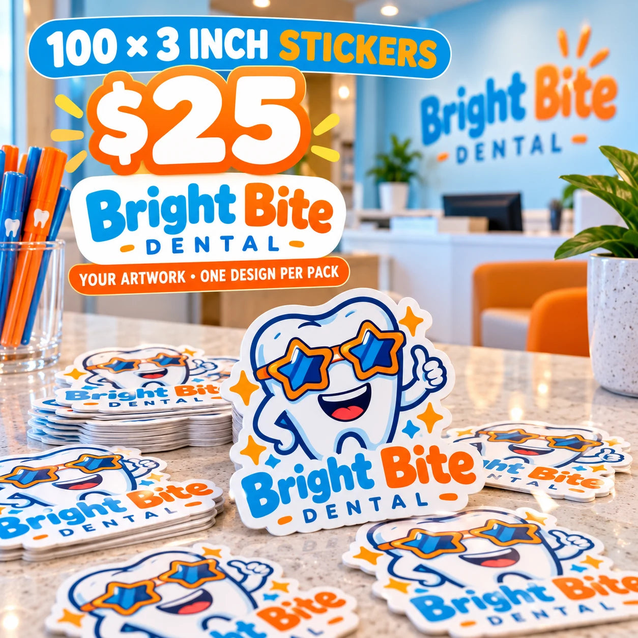 Bright Bite Dental fictional example: 100 custom 3 inch stickers for $25