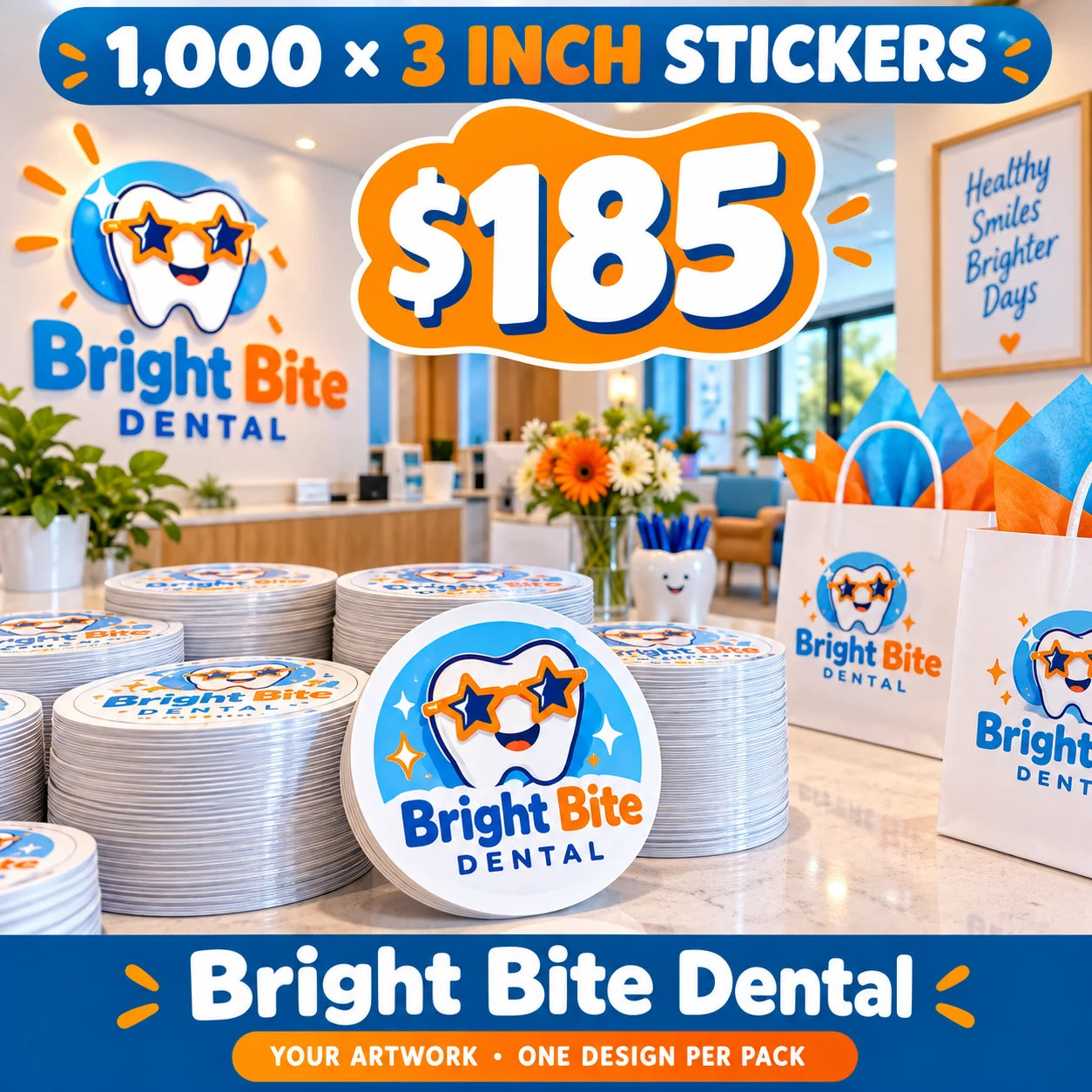 Bright Bite Dental fictional packaging and sticker ideas