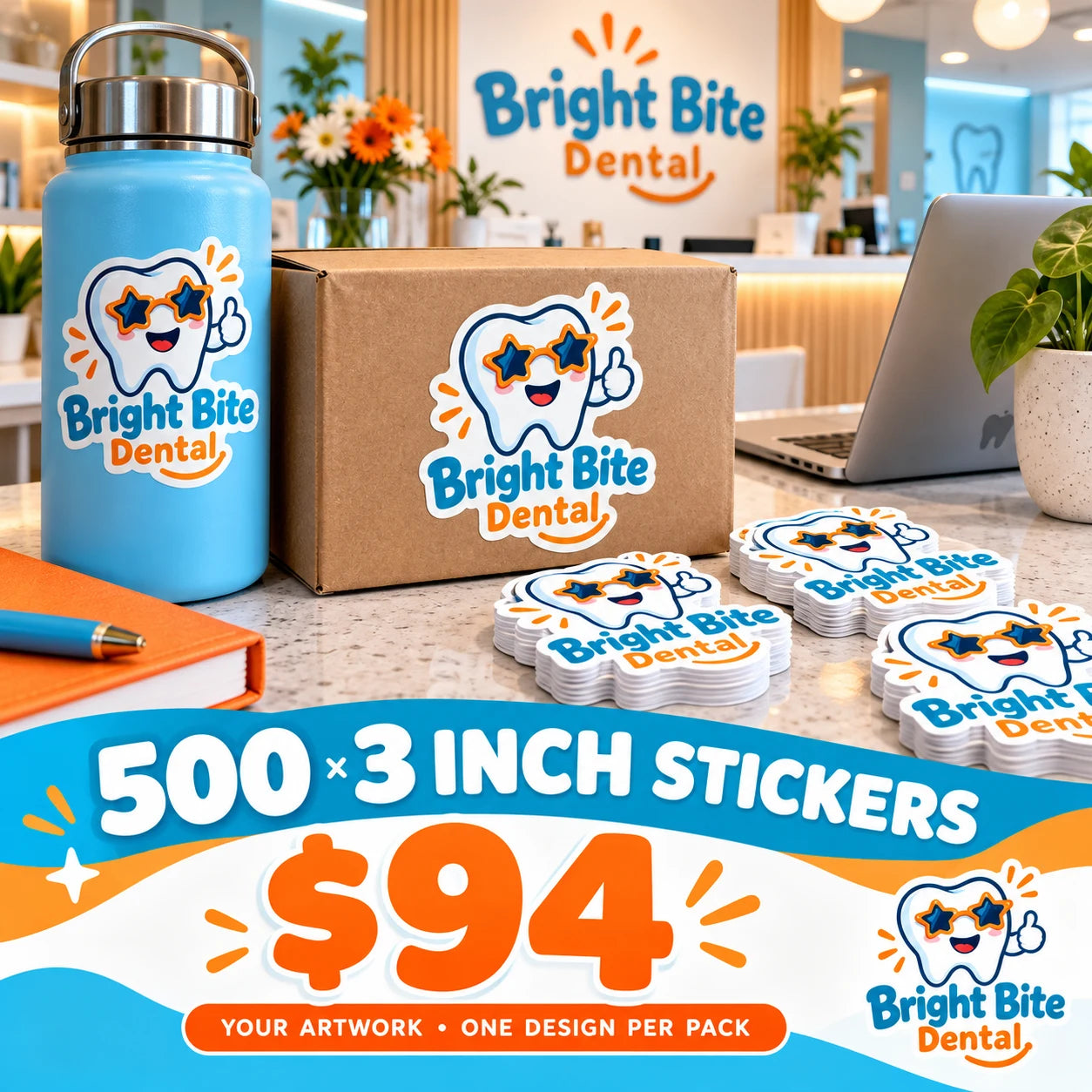 Bright Bite Dental fictional example: 500 custom 3 inch stickers for $94