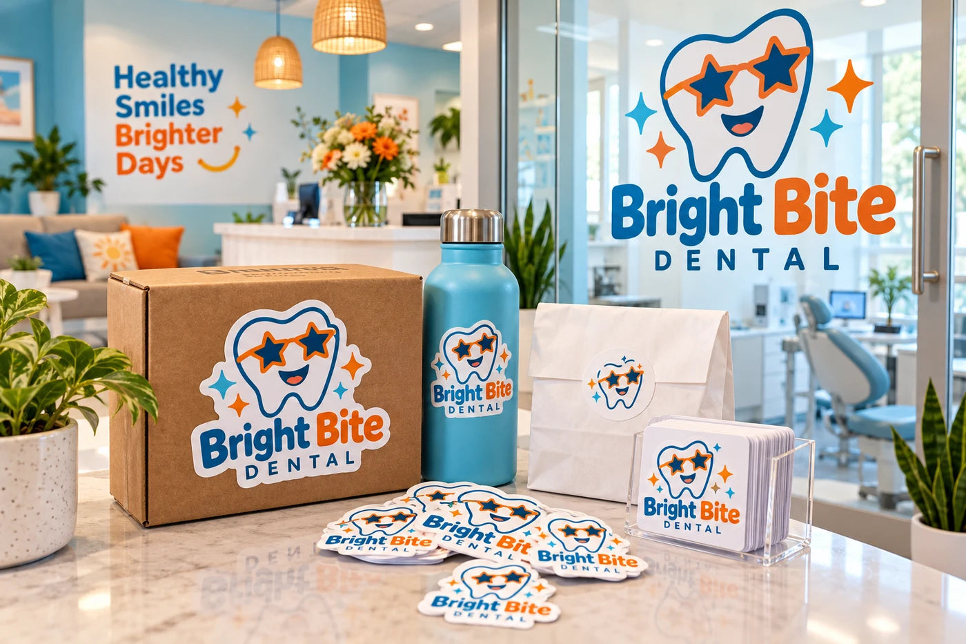 Bright Bite Dental fictional example storefront with custom lettering and stickers