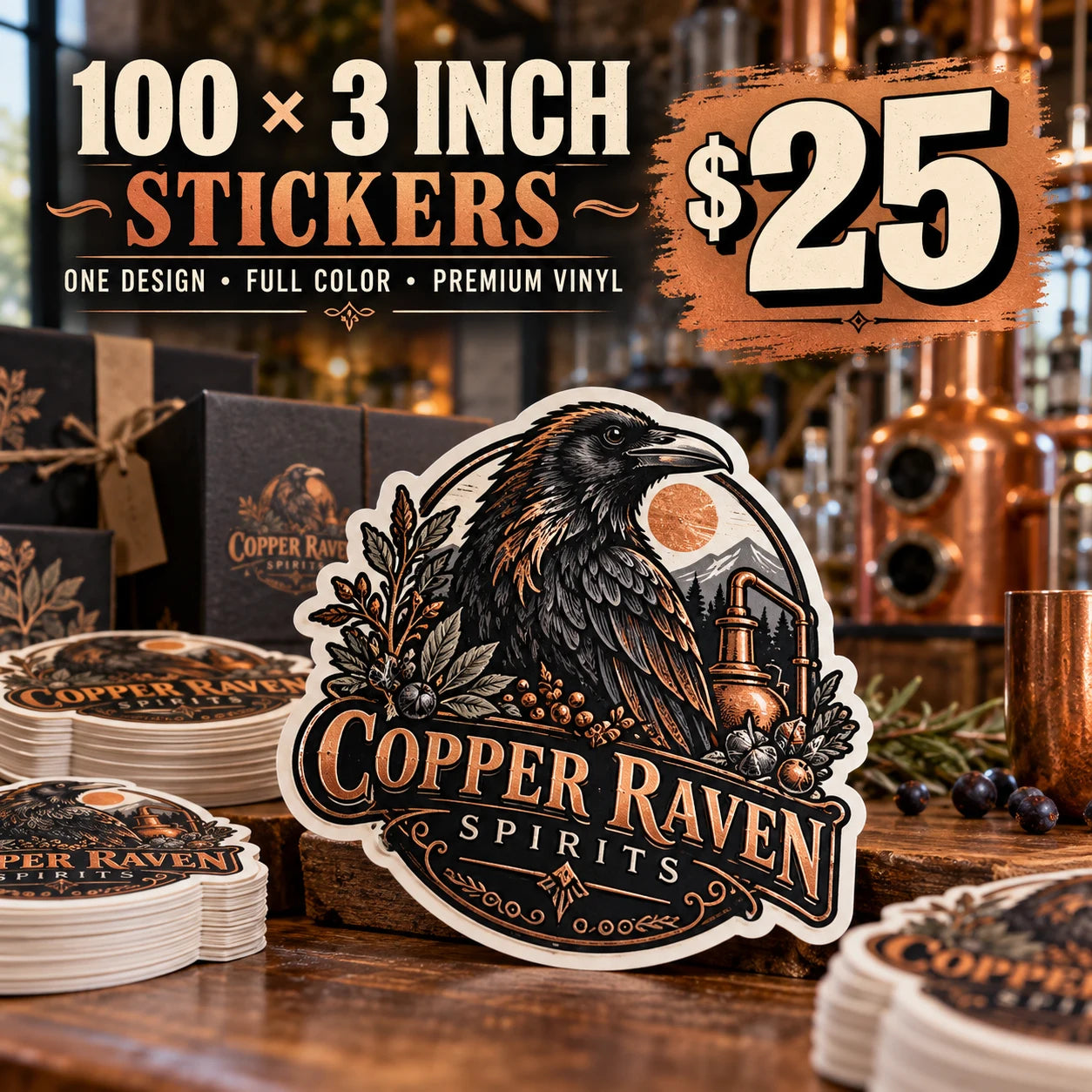 Copper Raven Spirits fictional example: 100 custom 3 inch stickers for $25