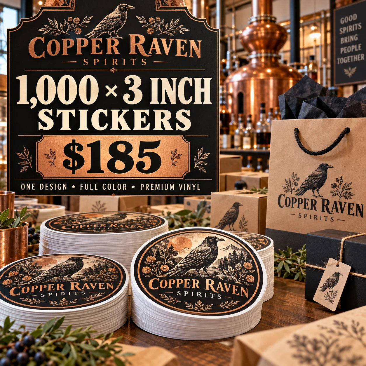 Copper Raven Spirits fictional packaging and sticker ideas