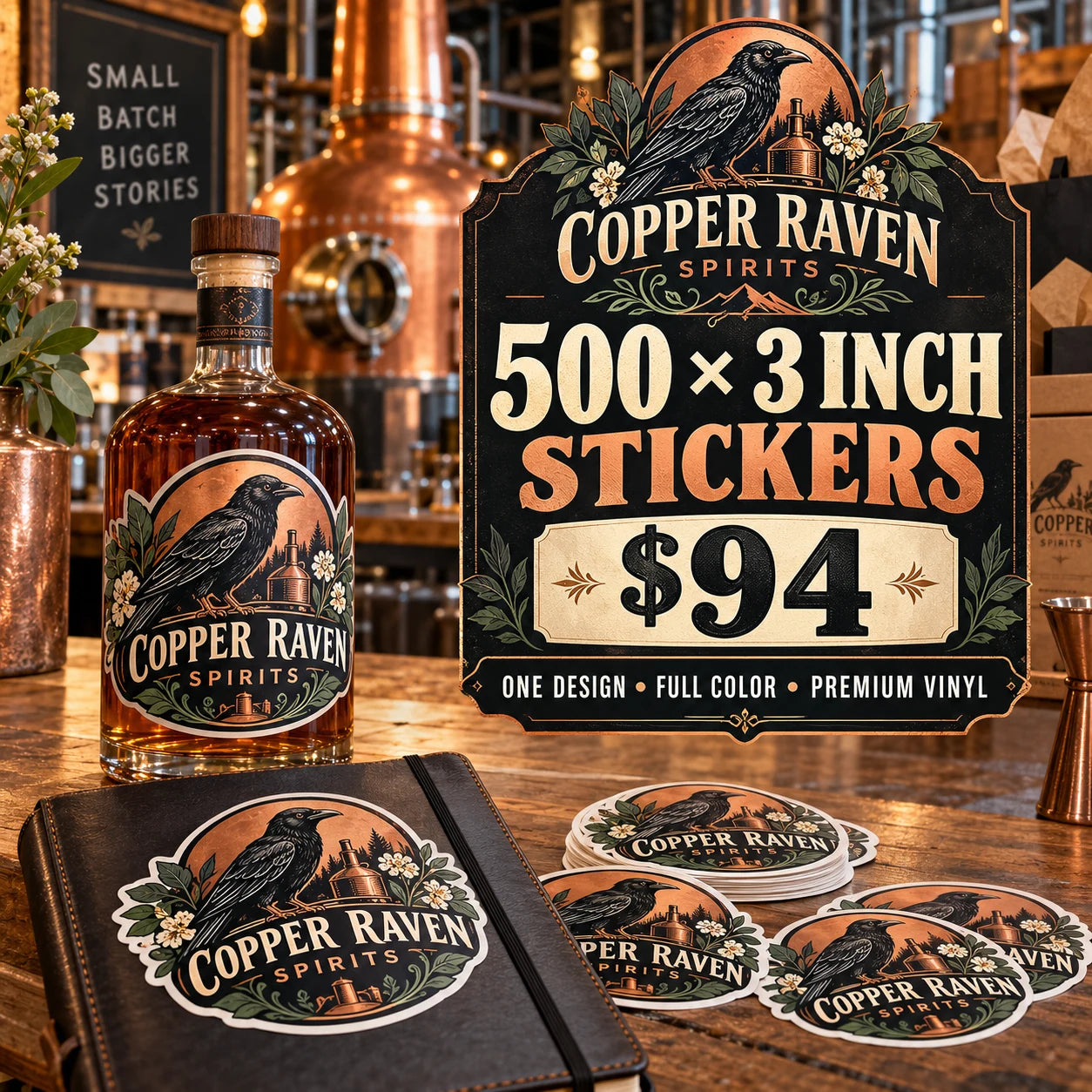 Copper Raven Spirits fictional example: 500 custom 3 inch stickers for $94