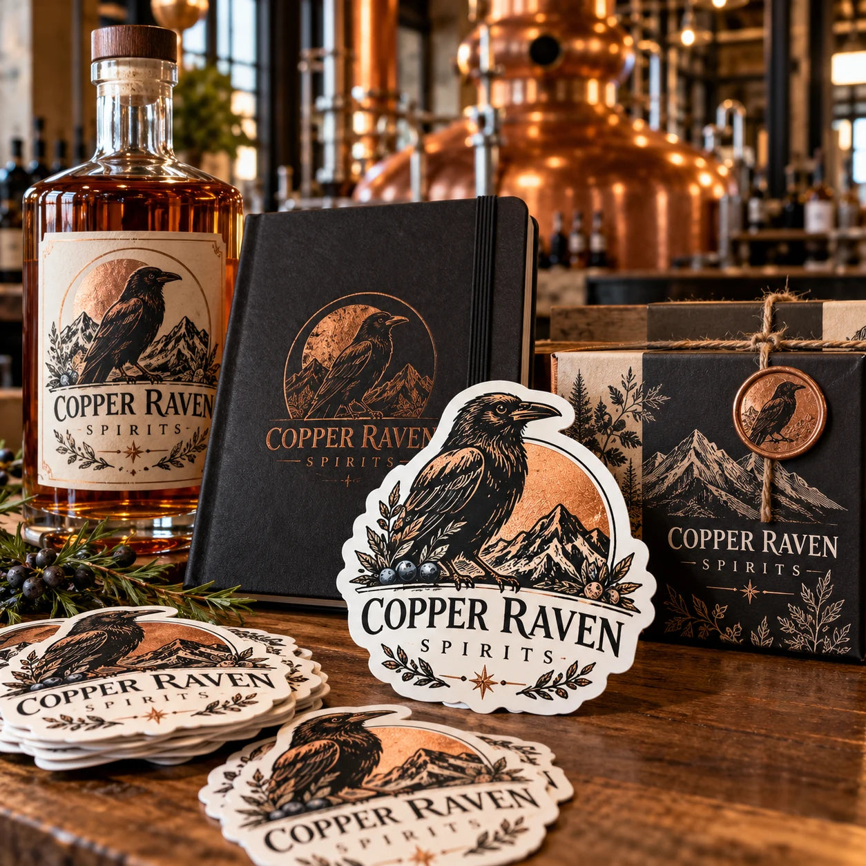 Copper Raven Spirits fictional example storefront with custom lettering and stickers