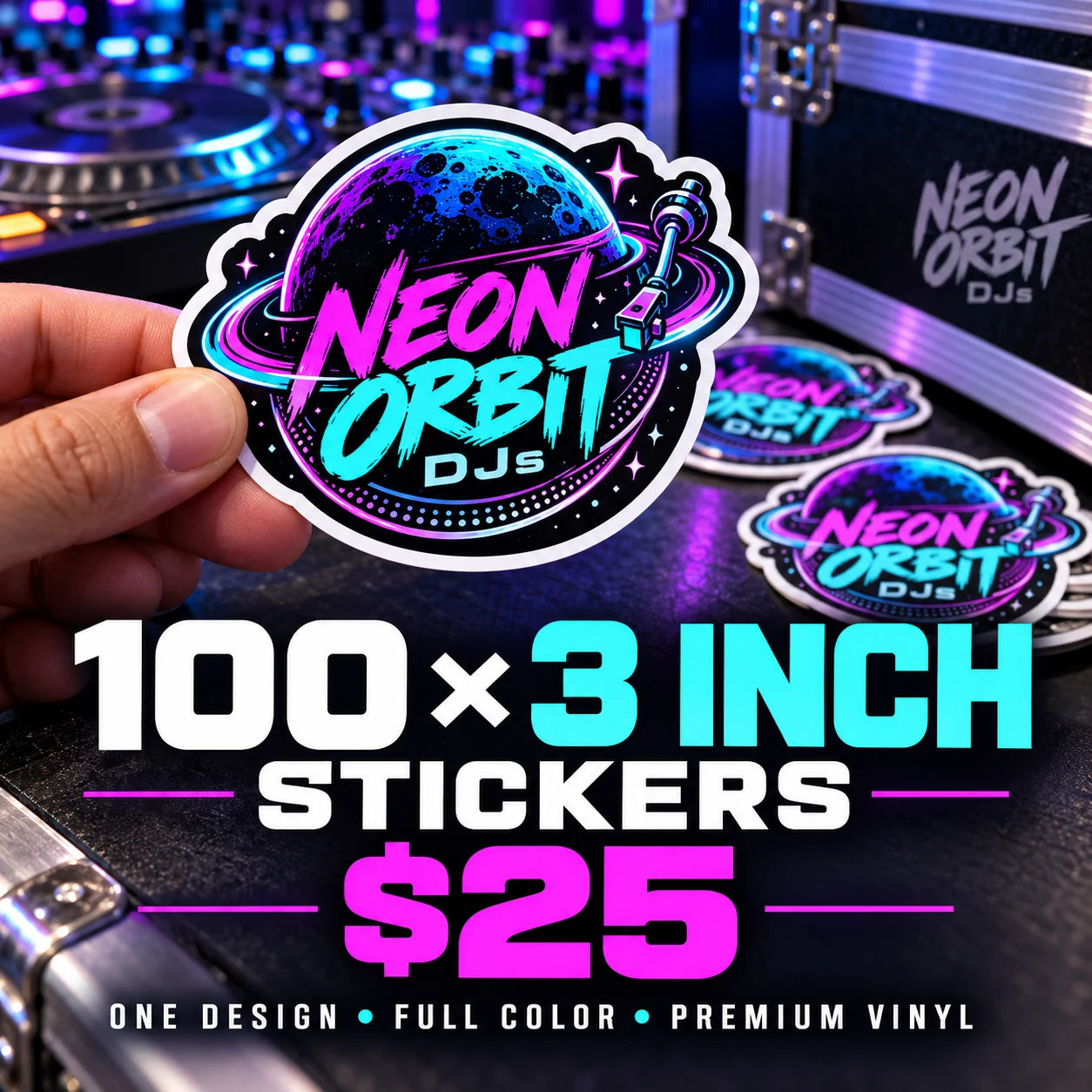Neon Orbit DJs fictional example: 100 custom 3 inch stickers for $25