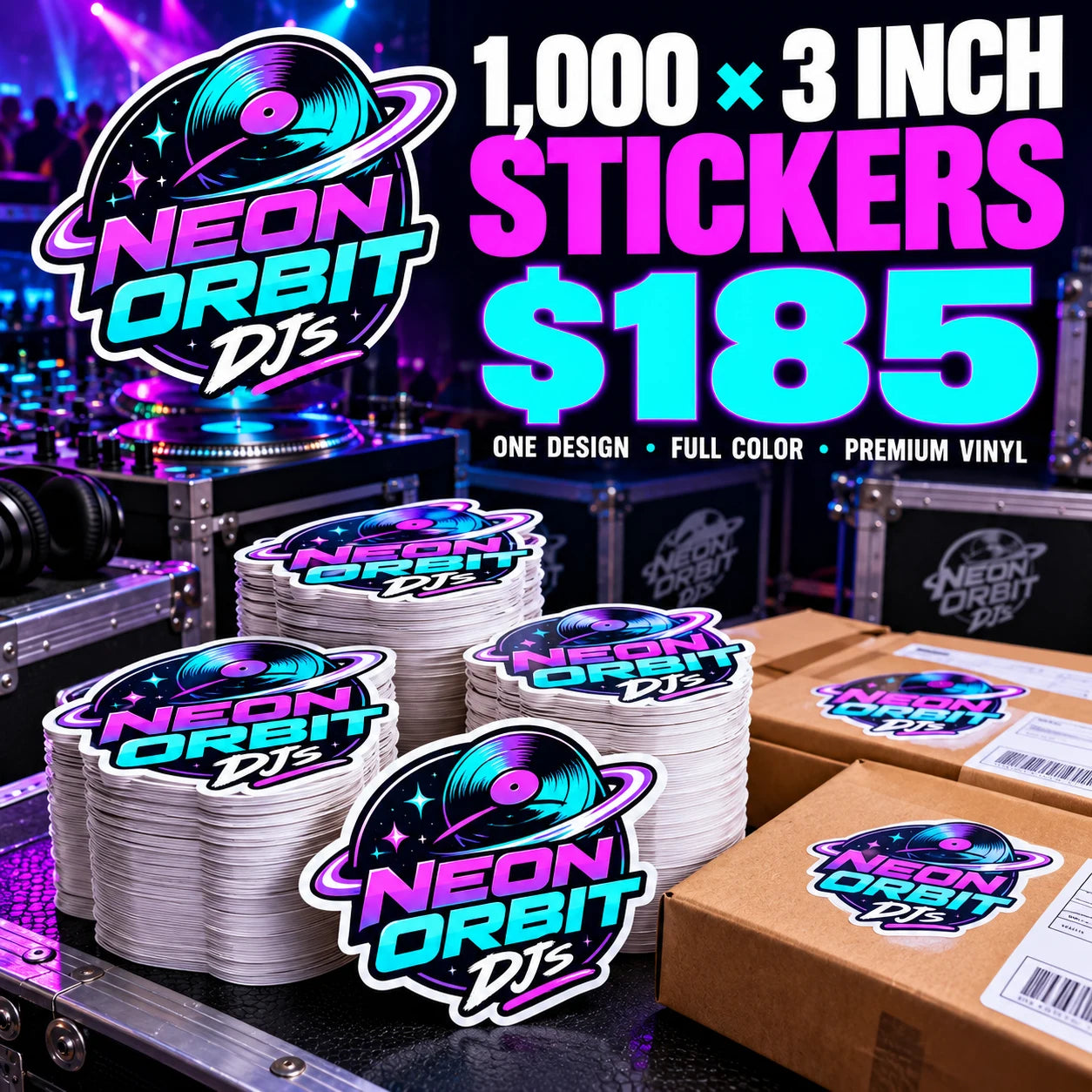 Neon Orbit DJs fictional example: 1000 custom 3 inch stickers for $185