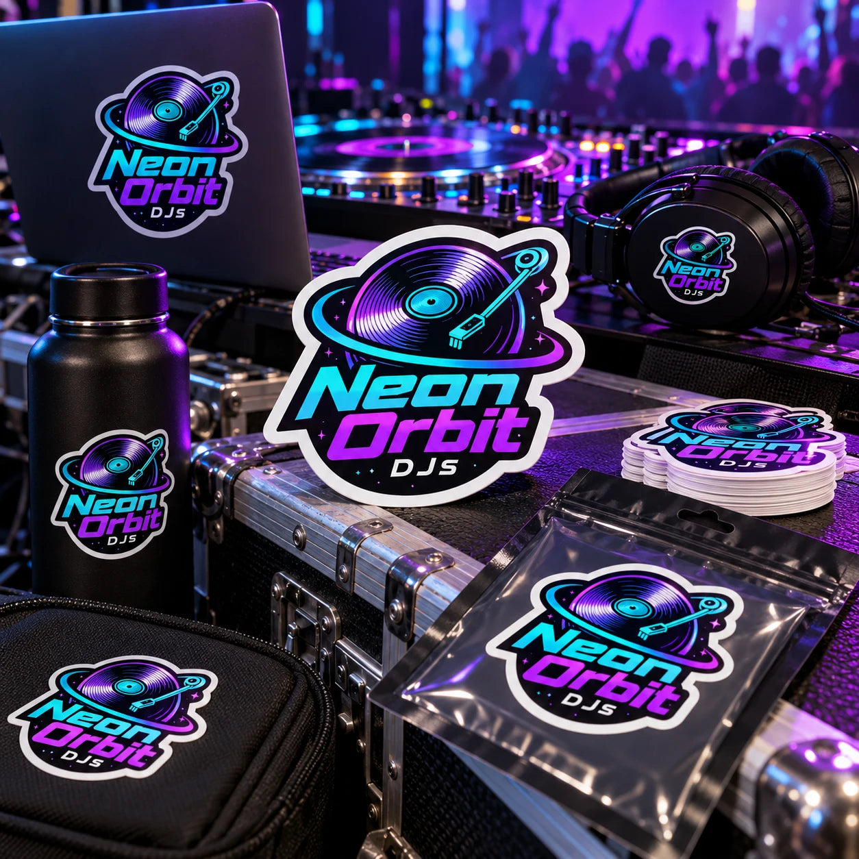 Neon Orbit DJs fictional example storefront with custom lettering and stickers