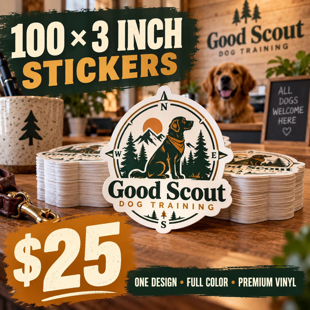 Good Scout Dog Training fictional example: 100 custom 3 inch stickers for $25