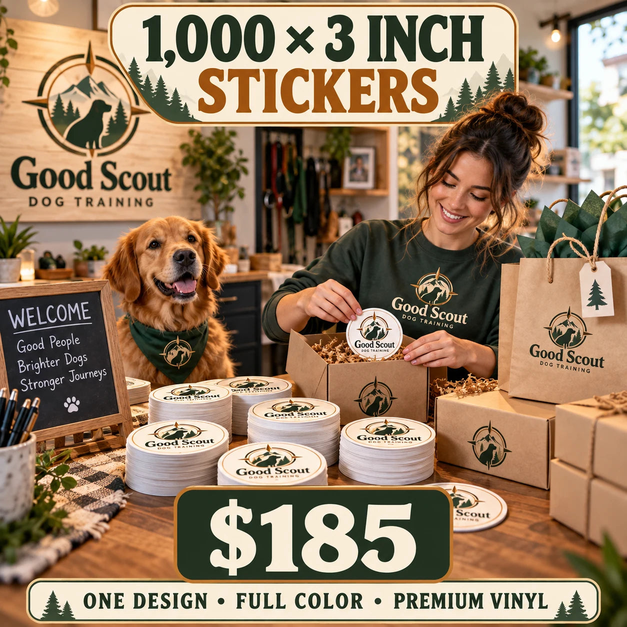 Good Scout Dog Training fictional packaging and sticker ideas