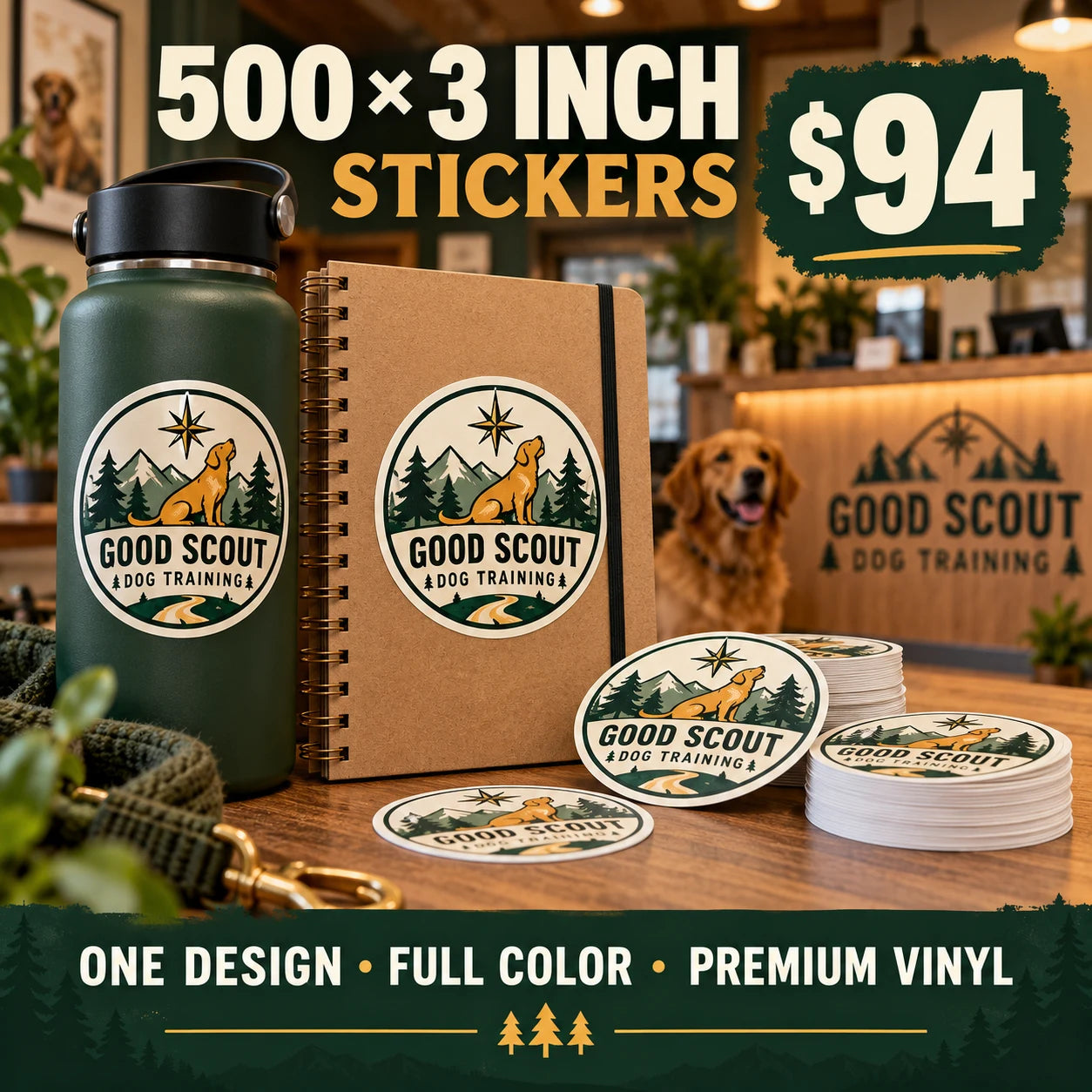 Good Scout Dog Training fictional example: 500 custom 3 inch stickers for $94